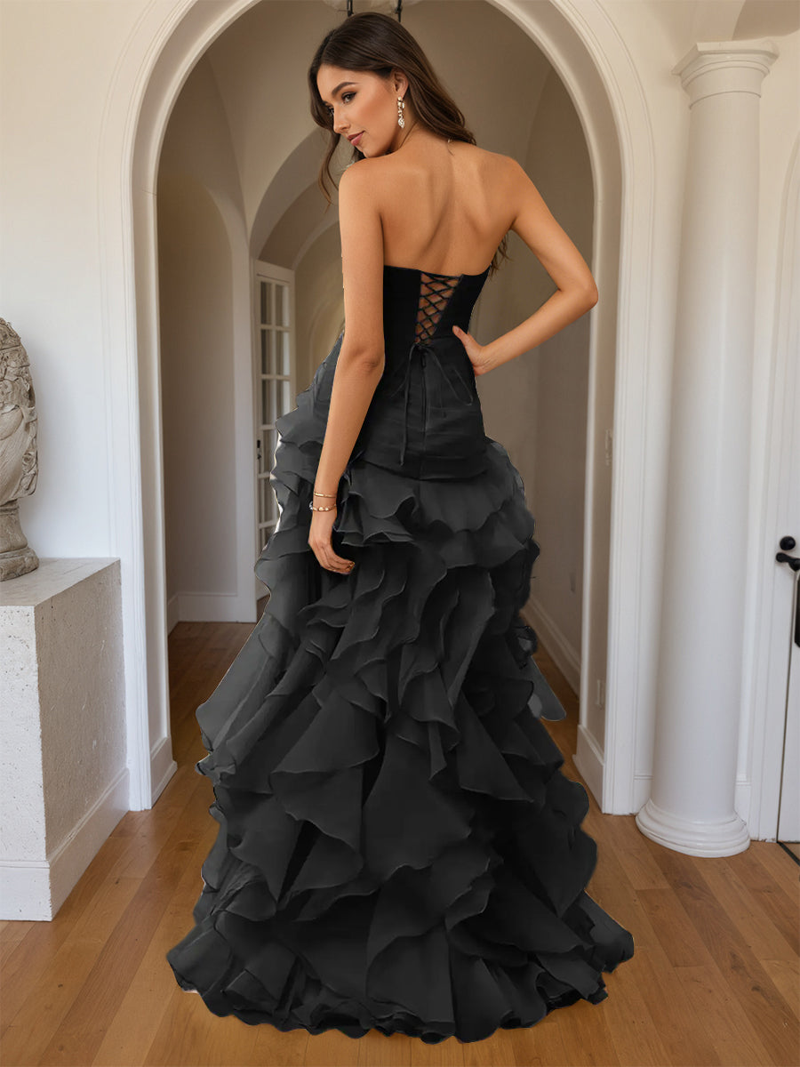 Cicinia Black Prom Dresses Sheath Slit Strapless Sleeveless Layers Ruffles Side Gowns