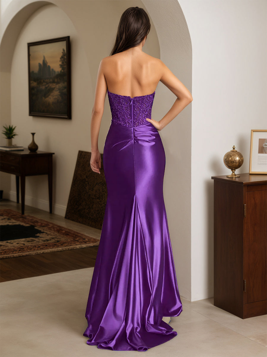 Cicinia Purple Prom Dresses Stretch Satin Trumpet Strapless Appliques Slit Lace Evening Dress