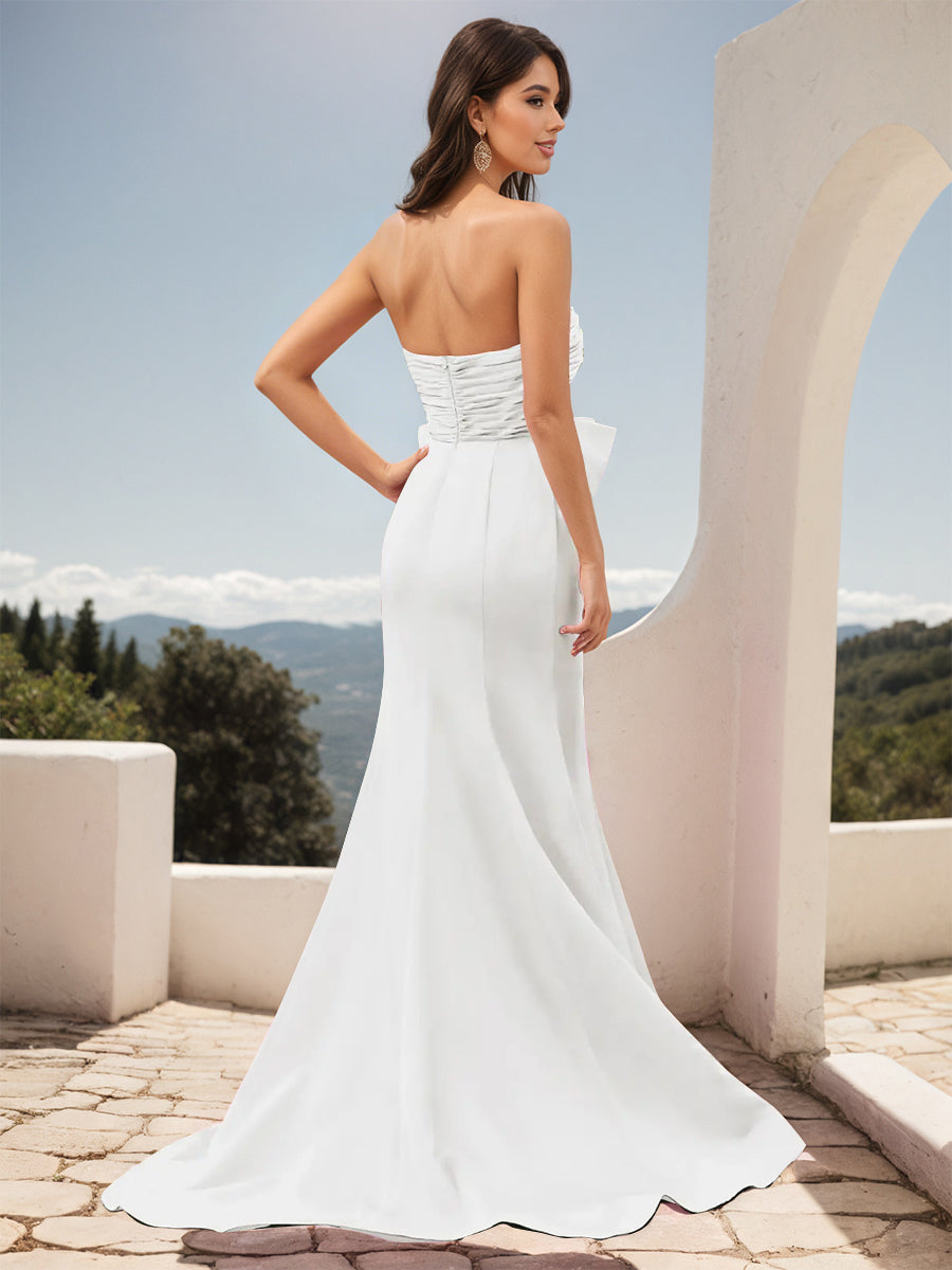 Cicinia White Prom Dresses Stretch Fabric Bowknot Sheath Slit Strapless Evening Gowns