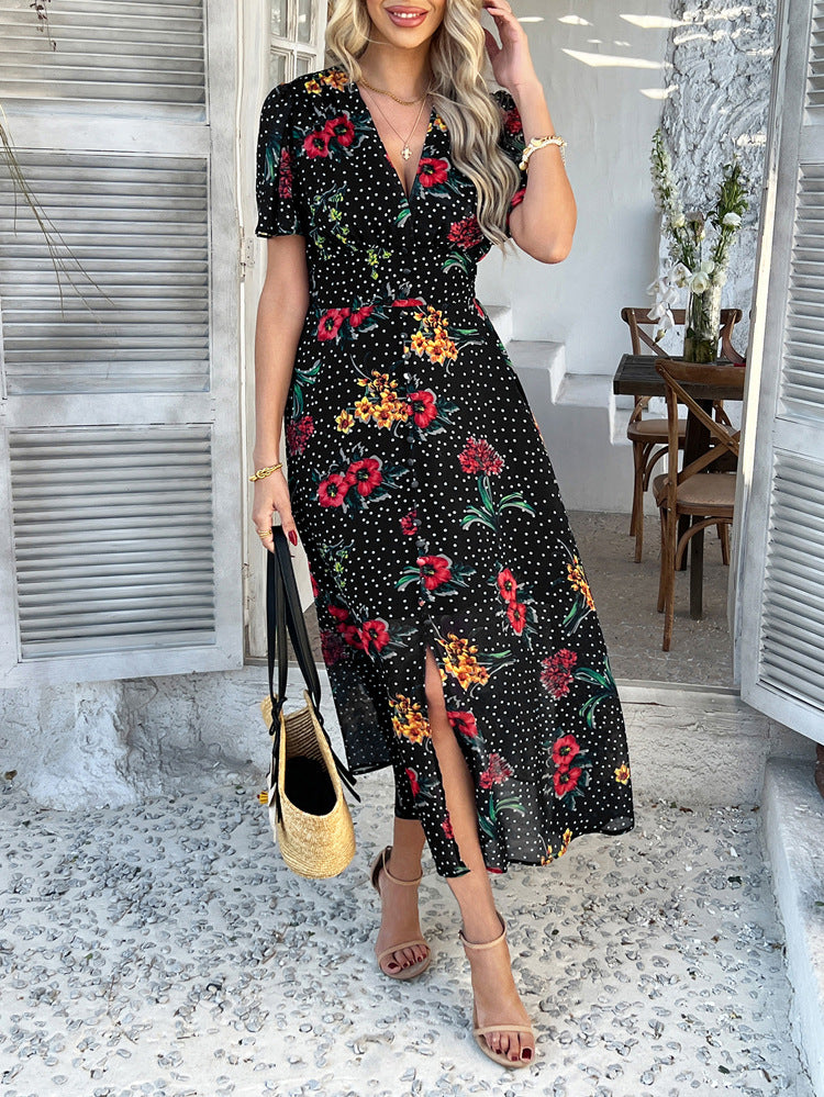 Black Sexy Deep V Chiffon Printed Floral Short Sleeves Wedding Guest Dress