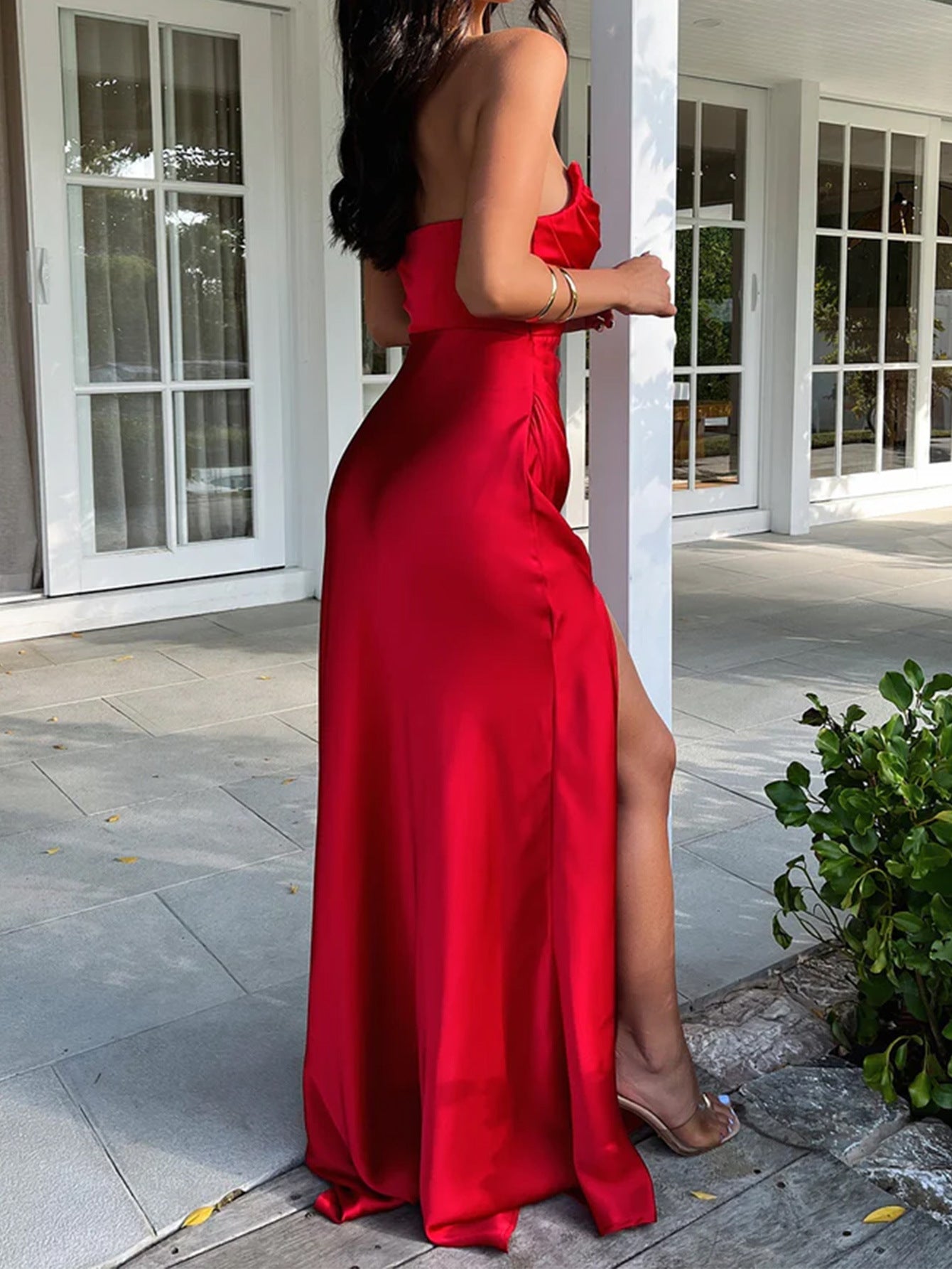 Sheath/Column Strapless Pleats Red Dress Wedding Guest Dress with Split