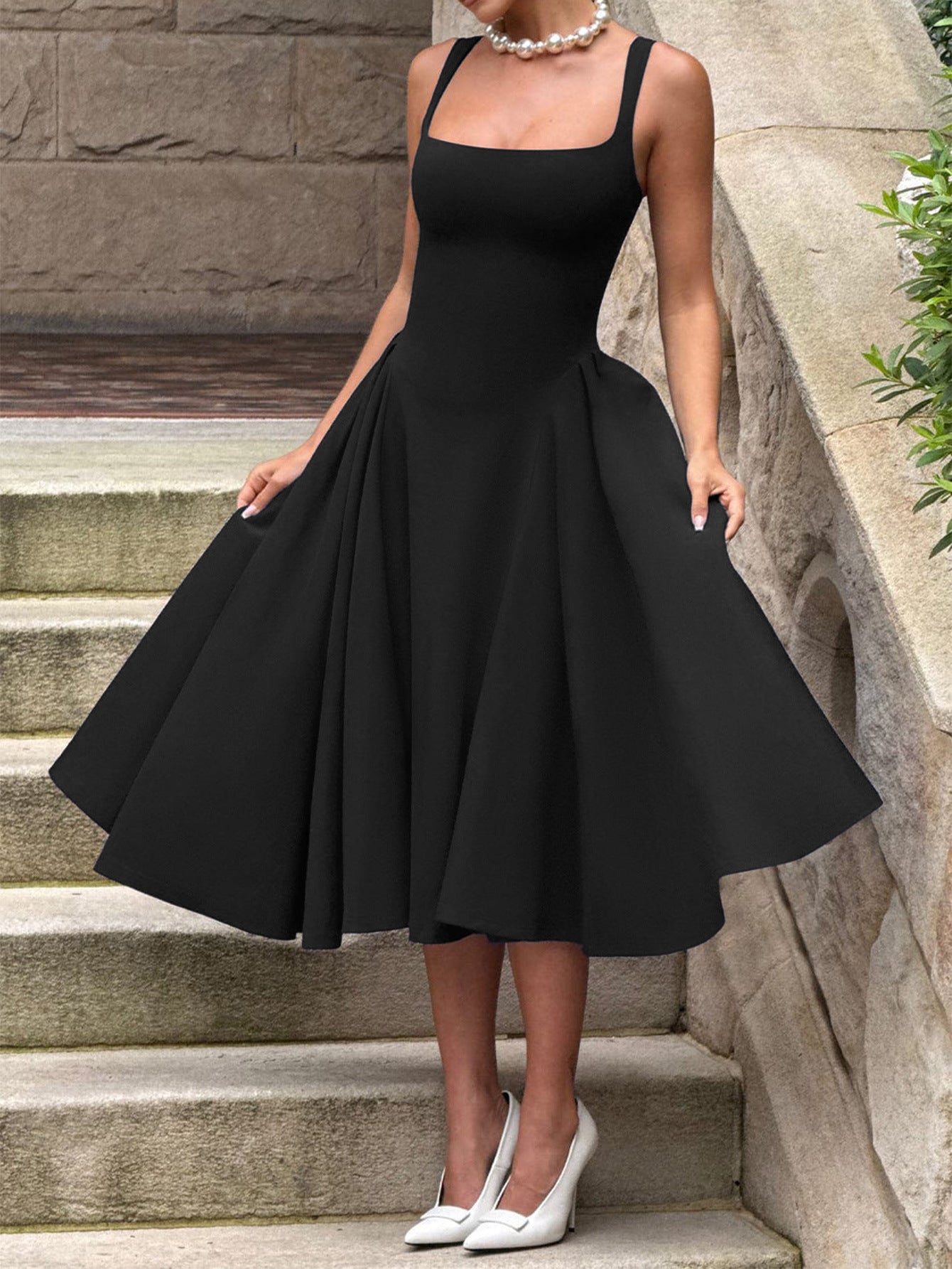 Ankle Length Black Dress Square Neckline Sleeveless Wedding Guest Dress