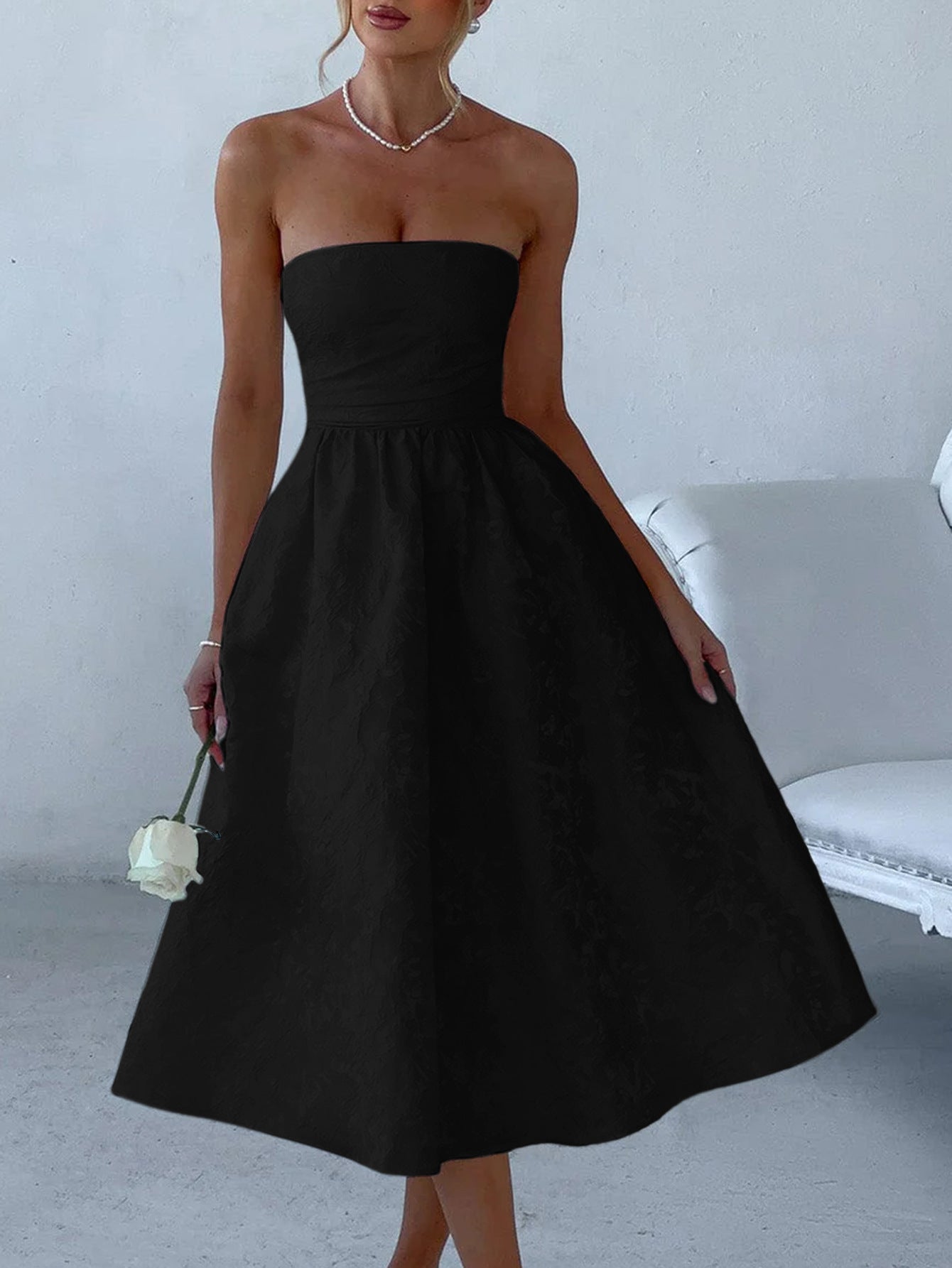 Empire Waist Strapless Printed Floral Black Wedding Guest Dress