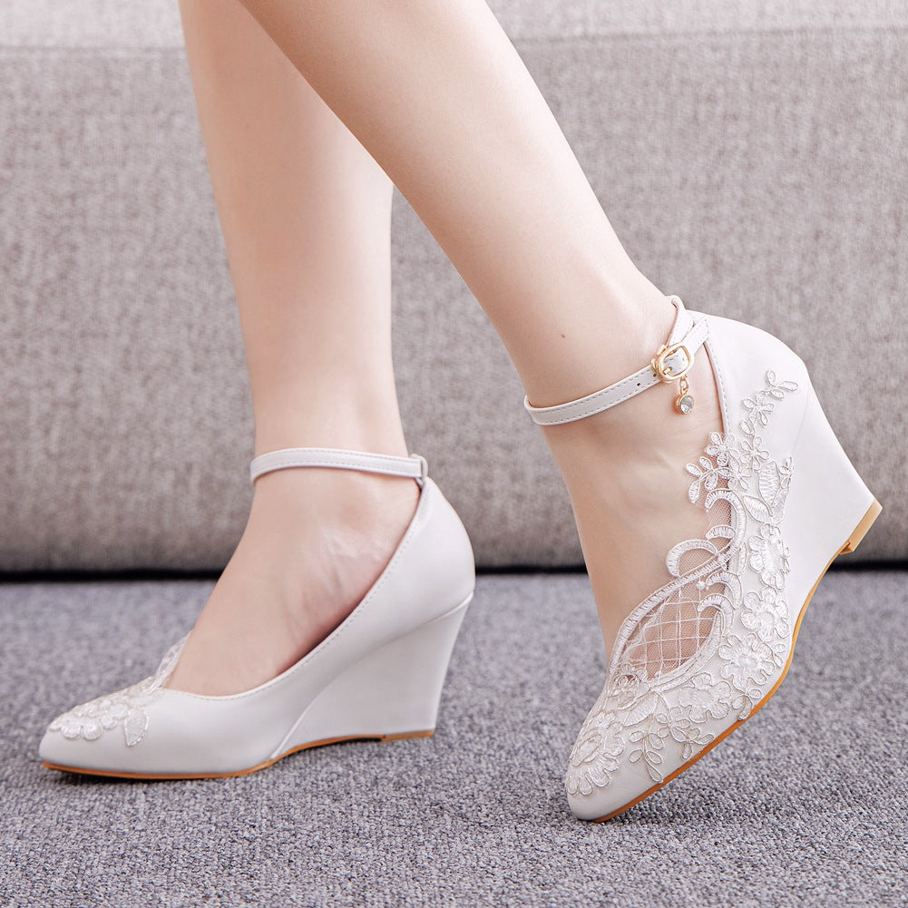 Round Toe Lace Ankle Strap Wedge Heel Wedding Shoes