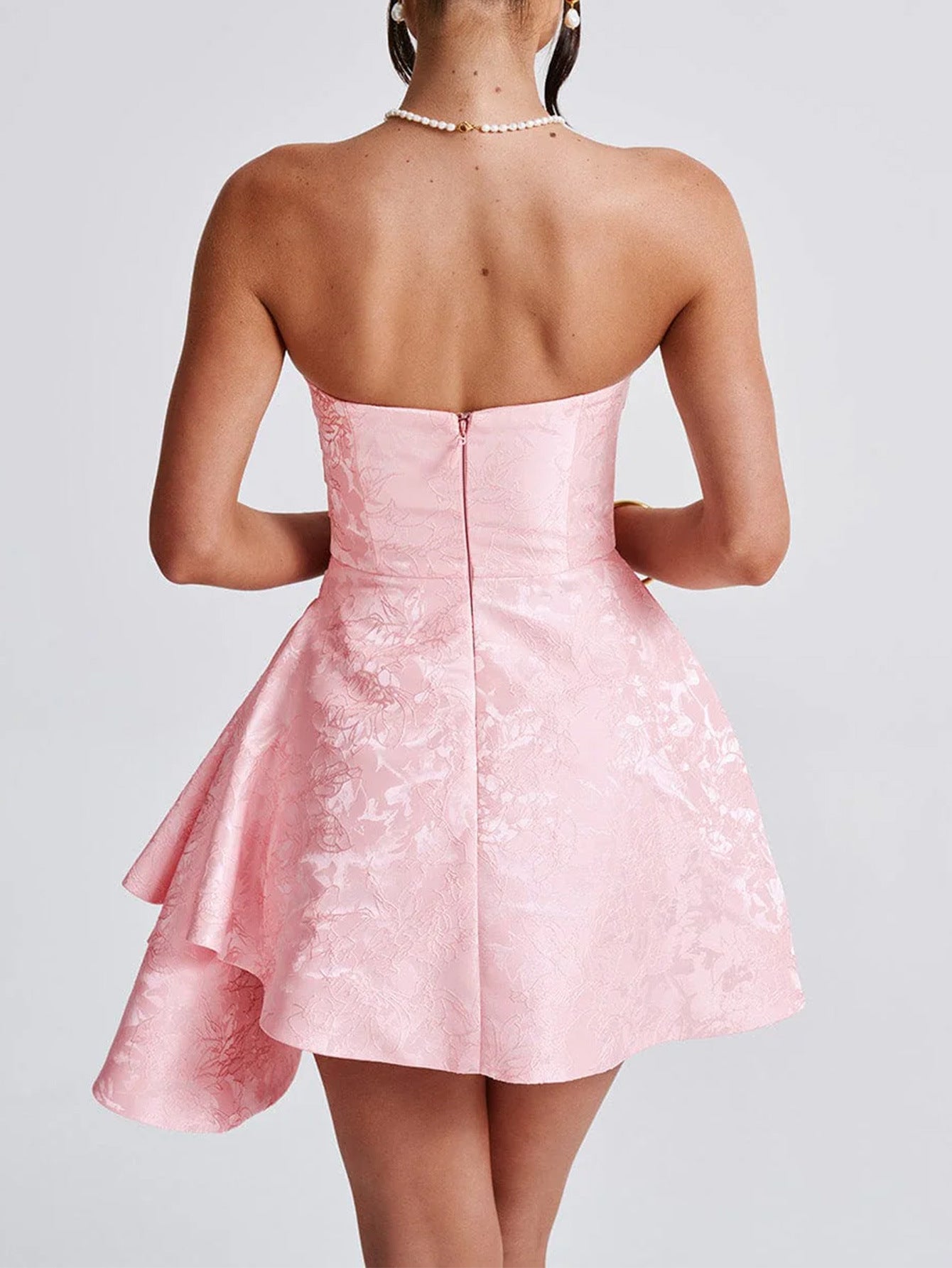 Strapless Dusty Rose Printed Mini Wedding Guest Dress with Ruffle Side