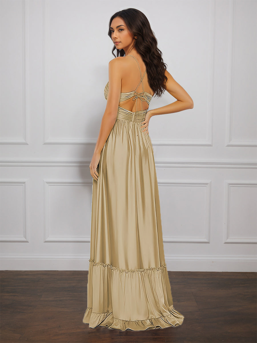 Cicinia Champagne Prom Dress with Spaghetti Straps Ruched Soft Satin A-Line Formal Evening Gowns