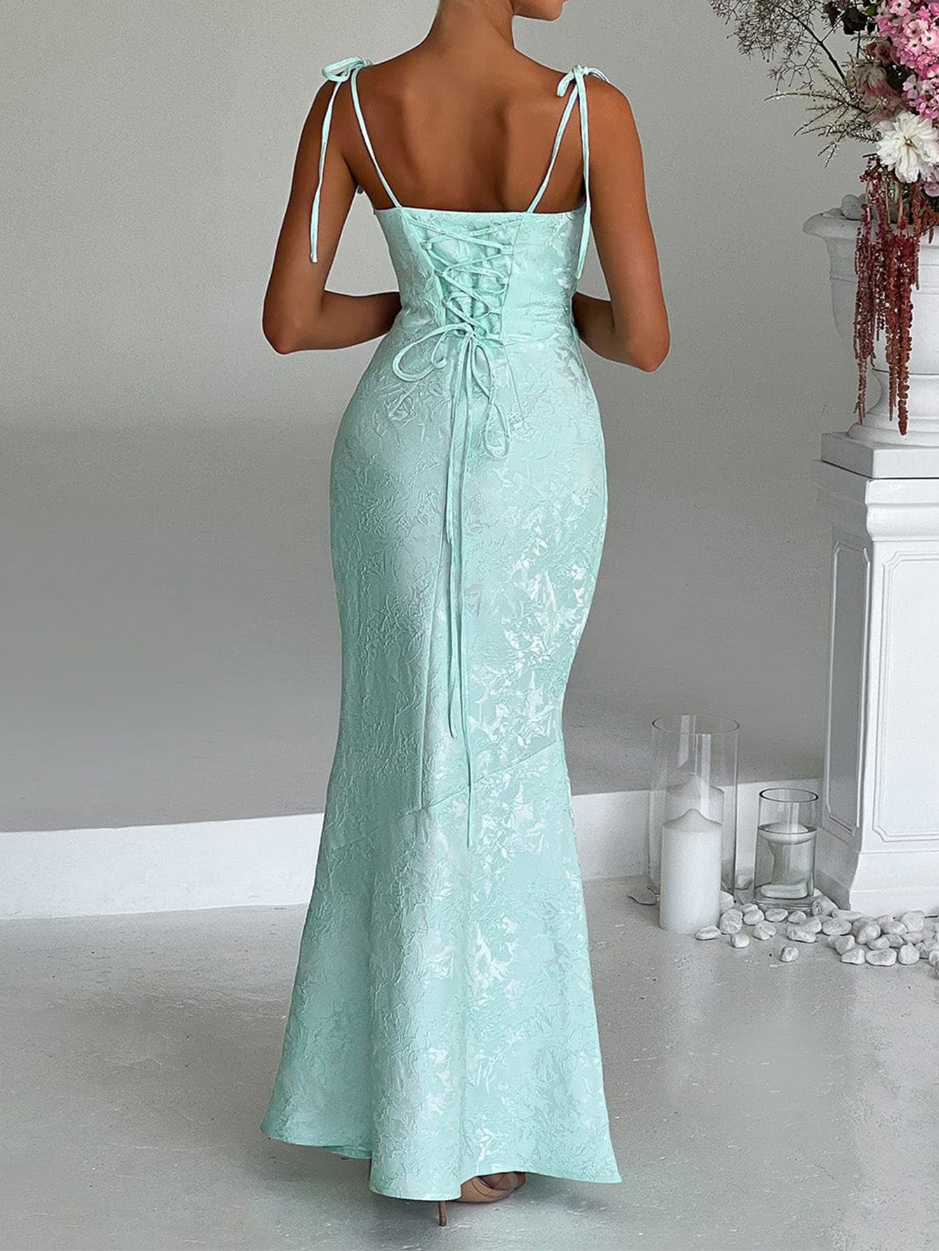 Square Neckline Spaghetti Straps Mint Green Printed Sheath Wedding Guest Dress