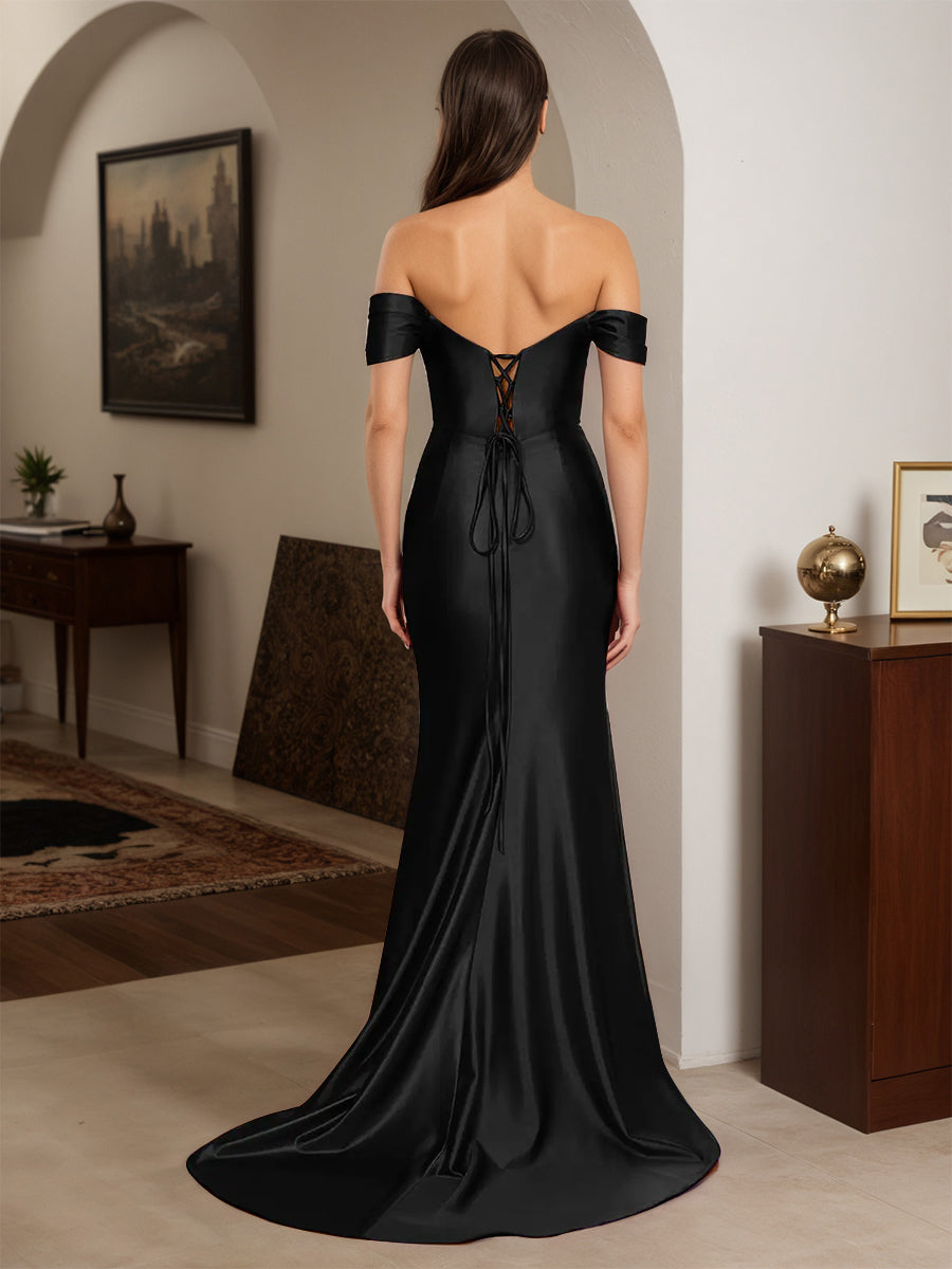 Cicinia Black Prom Dresses Off The Shoulder Trumpet Beading Strapless Sweep Train Gown