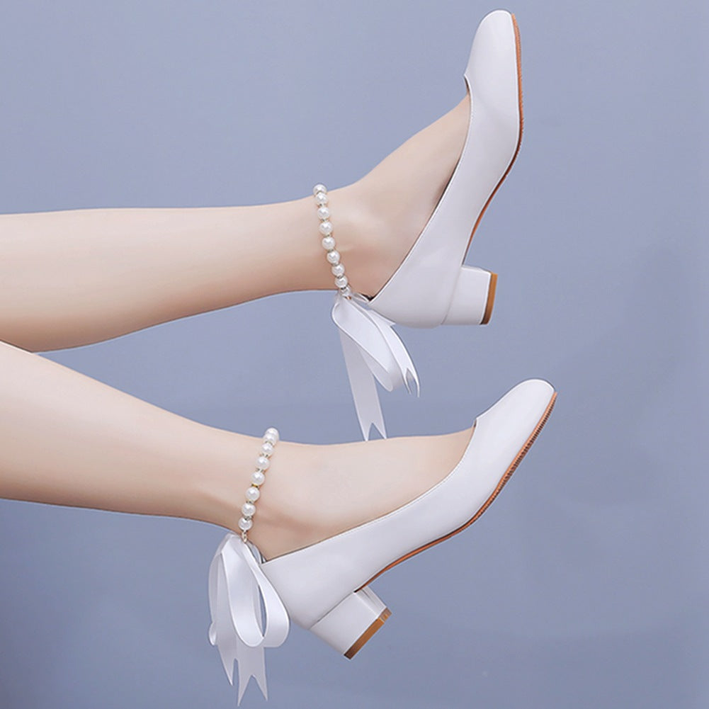 Beaded Ribbons Chunky Heels Round Toe Wedding Shoes