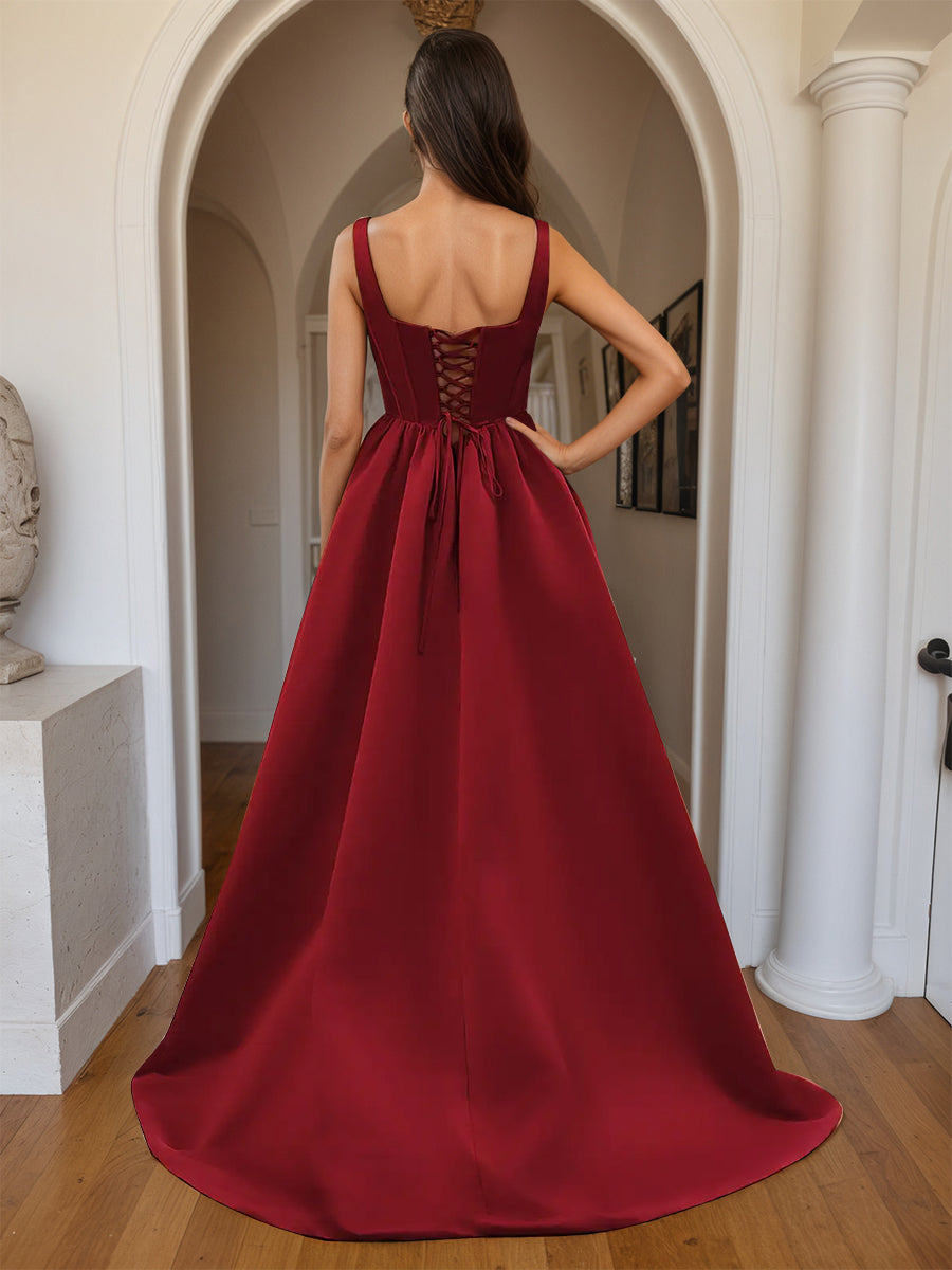 Cicinia Burgundy Prom Dresses Satin A-Line with Square Neckline Split Party Gowns