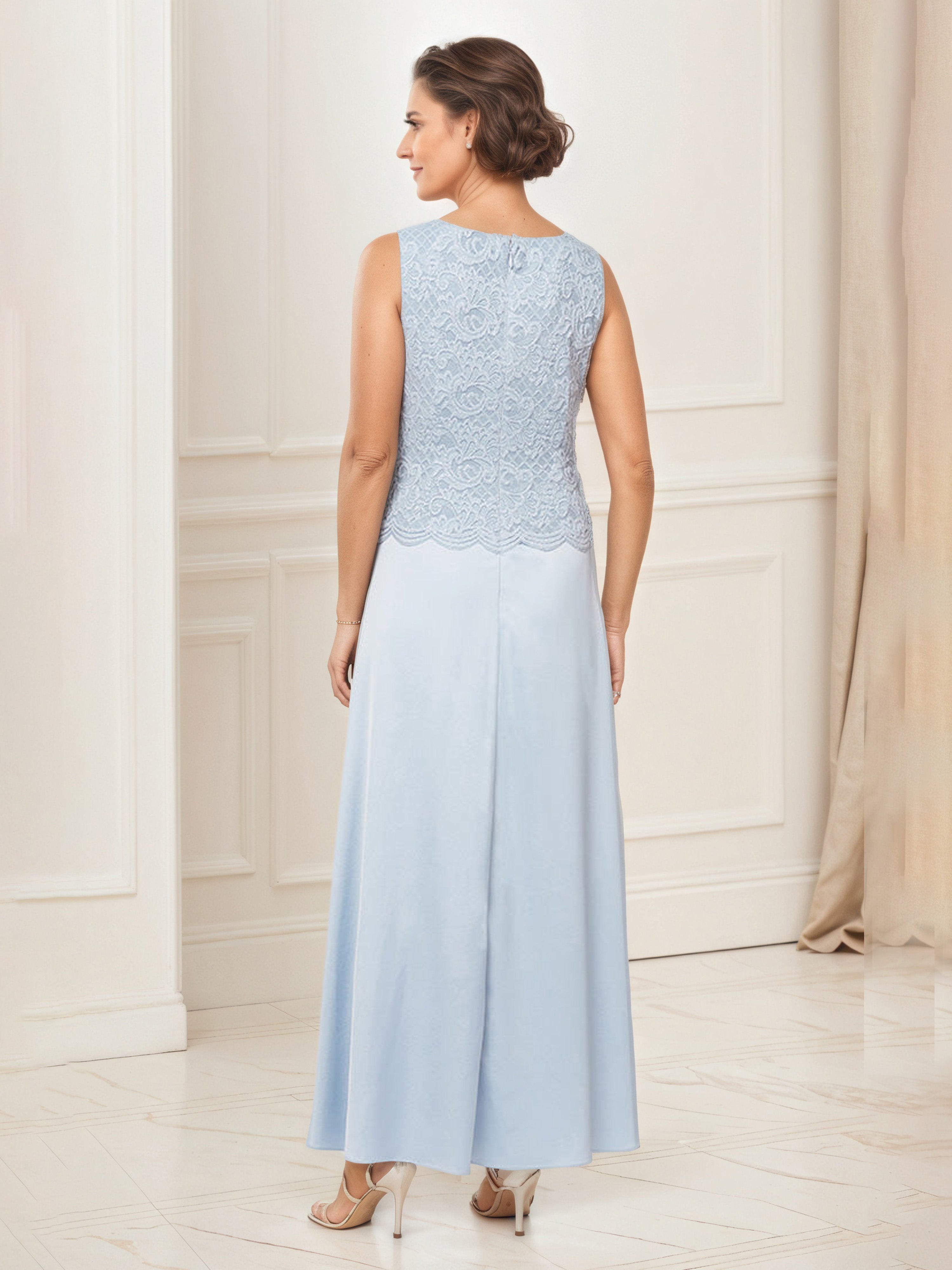 Glitter Lace Bodice Satin Sky Blue Mother Of The Bride Dress with Lace Jacket