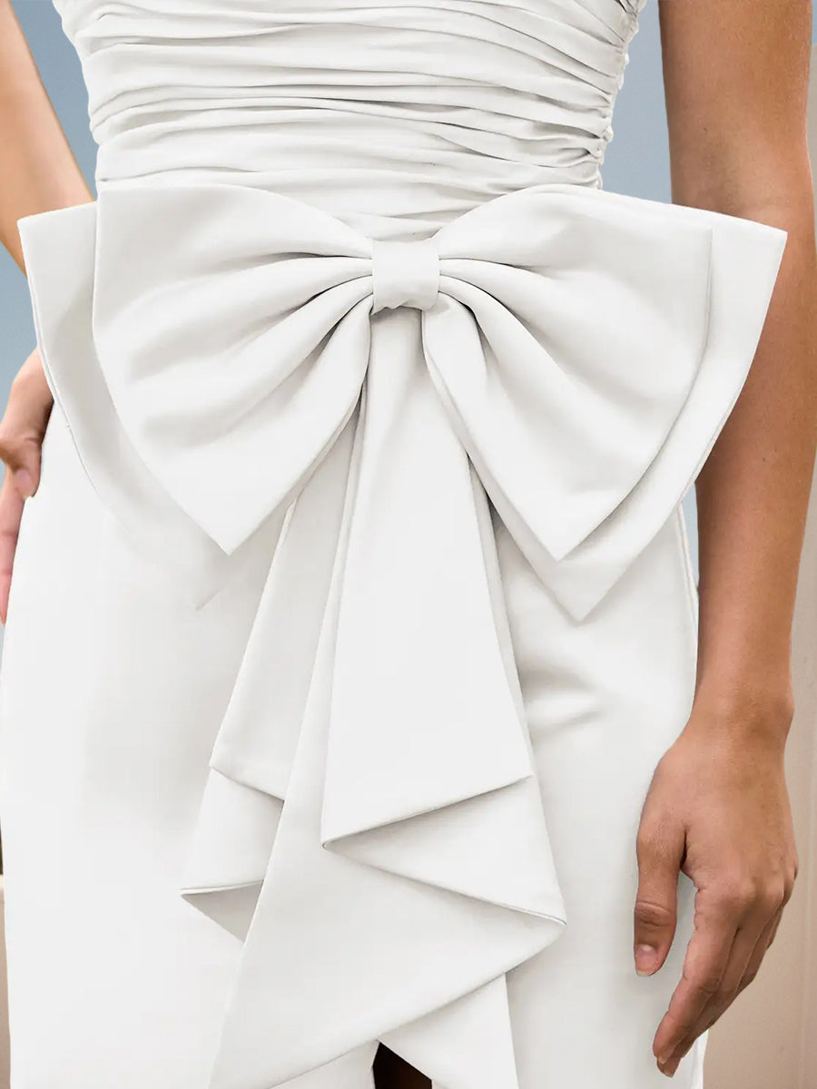 Cicinia White Prom Dresses Stretch Fabric Bowknot Sheath Slit Strapless Evening Gowns