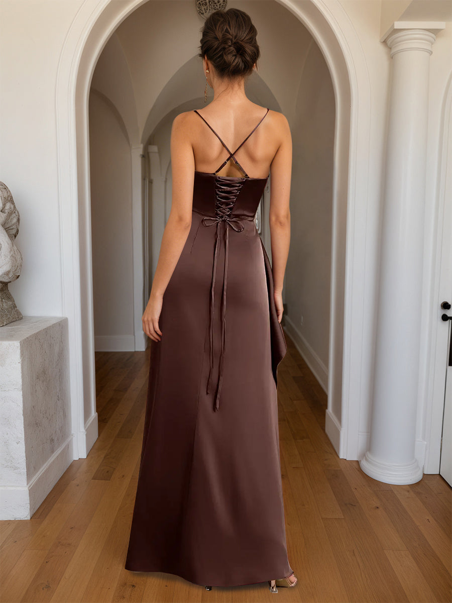 Cicinia Chocolate Prom Dresses Sheath Square Neckline Spaghetti Straps Slit Floor Length Long Prom