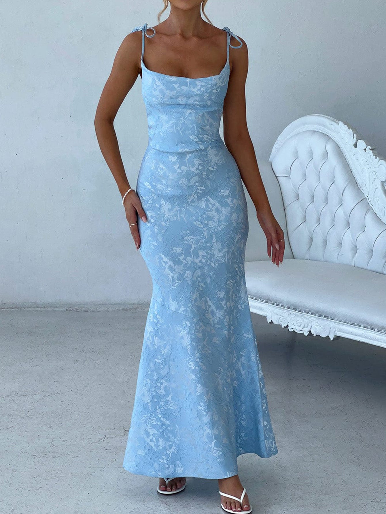 Square Neckline Spaghetti Straps Sky Blue Printed Sheath Wedding Guest Dress