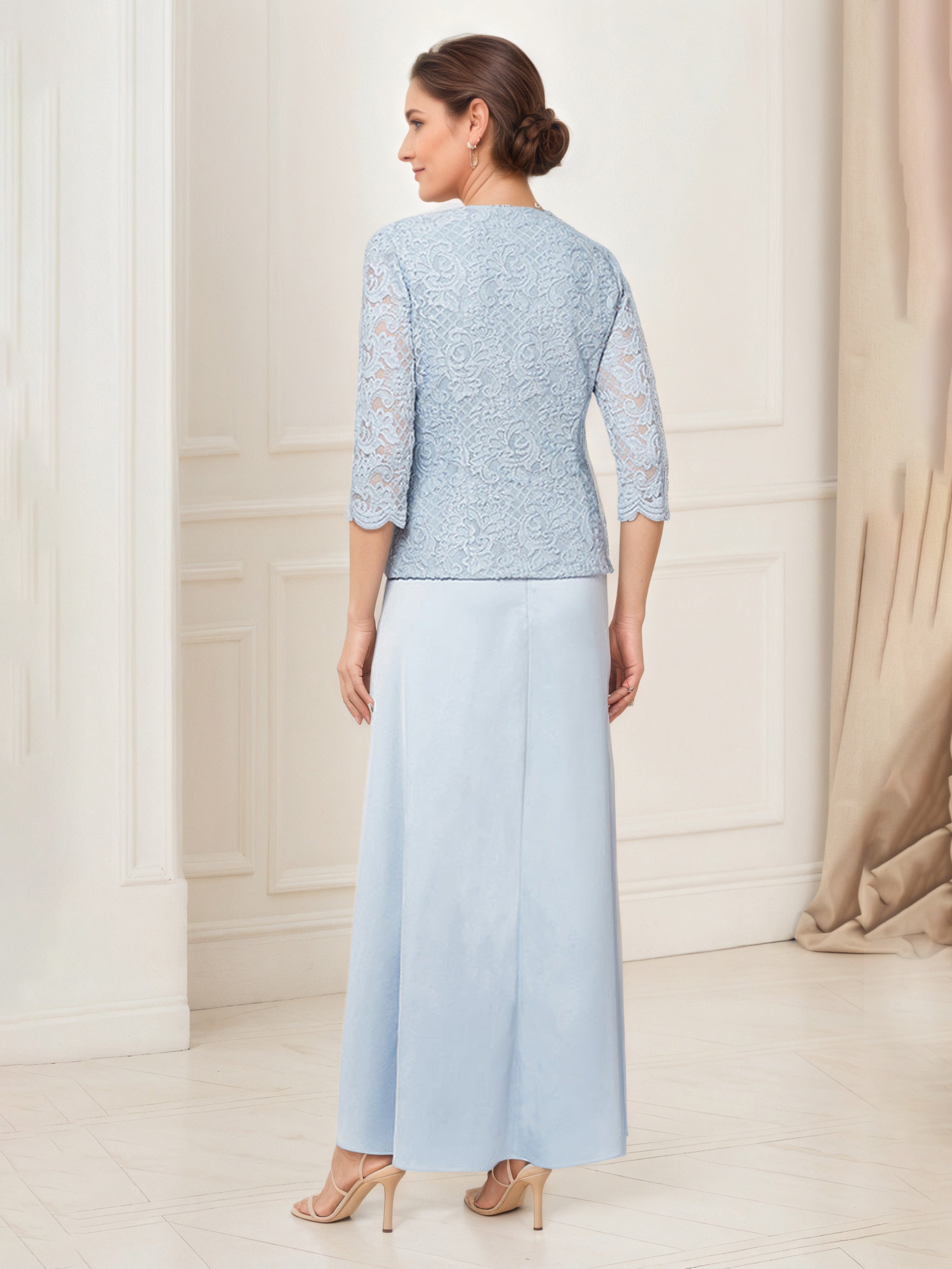 Glitter Lace Bodice Satin Sky Blue Mother Of The Bride Dress with Lace Jacket