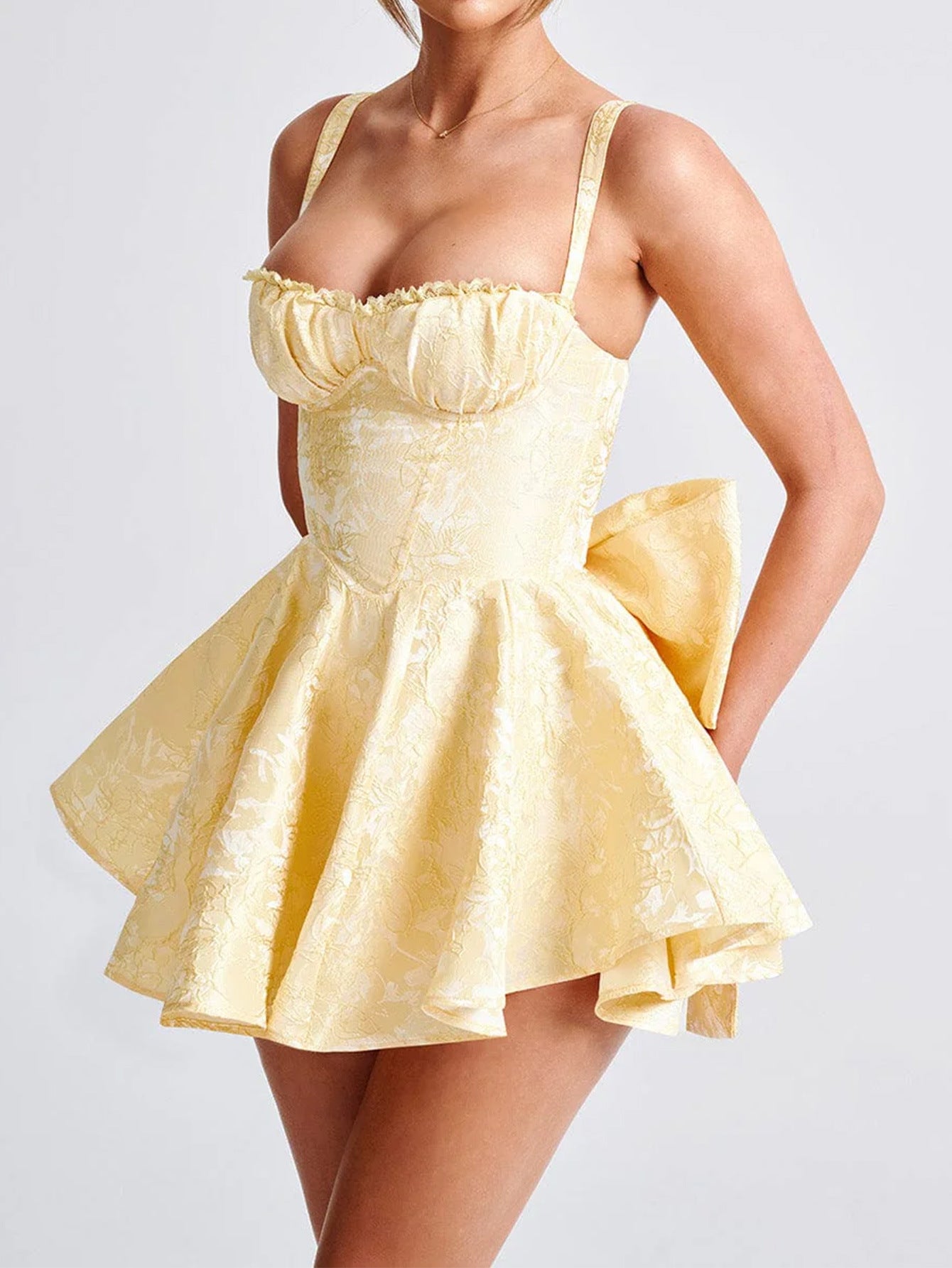 Daffodil Floral Straps Mini Dress Square Neckline Sleeveless Wedding Guest Dress with Bowknot