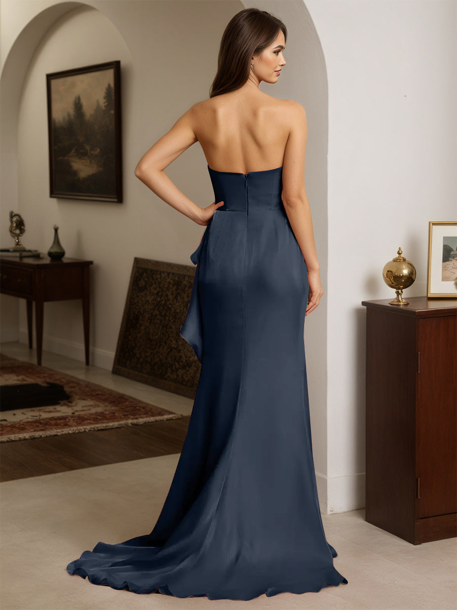 Cicinia Dark Navy Prom Dresses Strapless Sheath Slit Party Dress with Sweep Train