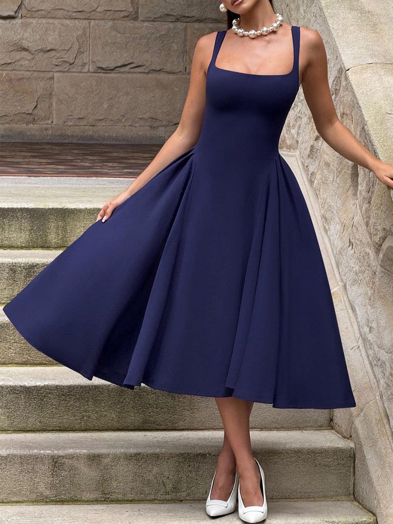 Ankle Length Navy Blue Dress Square Neckline Sleeveless Wedding Guest Dress