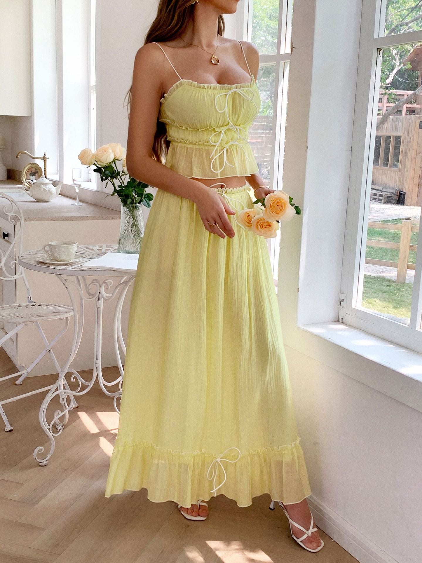2 Pieces Spaghetti Straps Ruffle Bodice Daffodil Wedding Guest Dress