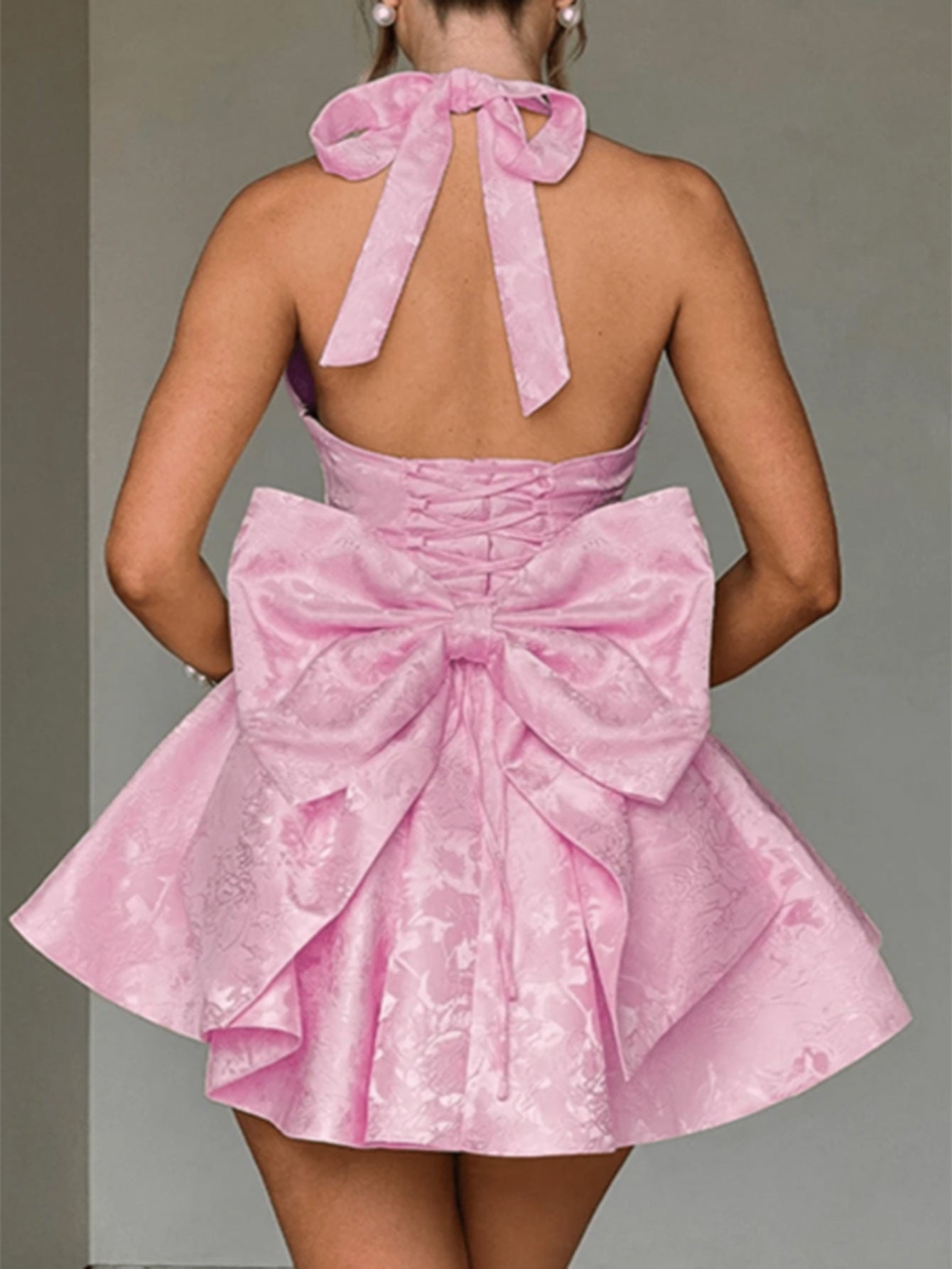 Halter Sleeveless U-Neck Pink Printed Mini Wedding Guest Dress with Bowknot