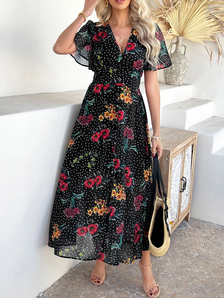 Black Sexy Deep V Chiffon Printed Floral Short Sleeves Wedding Guest Dress