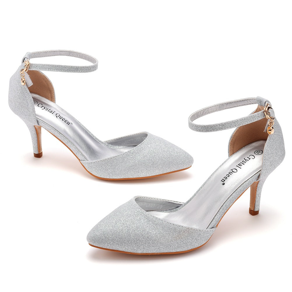 Pointed Toe Simple Glitter Stiletto Ankle-Strap High Heels