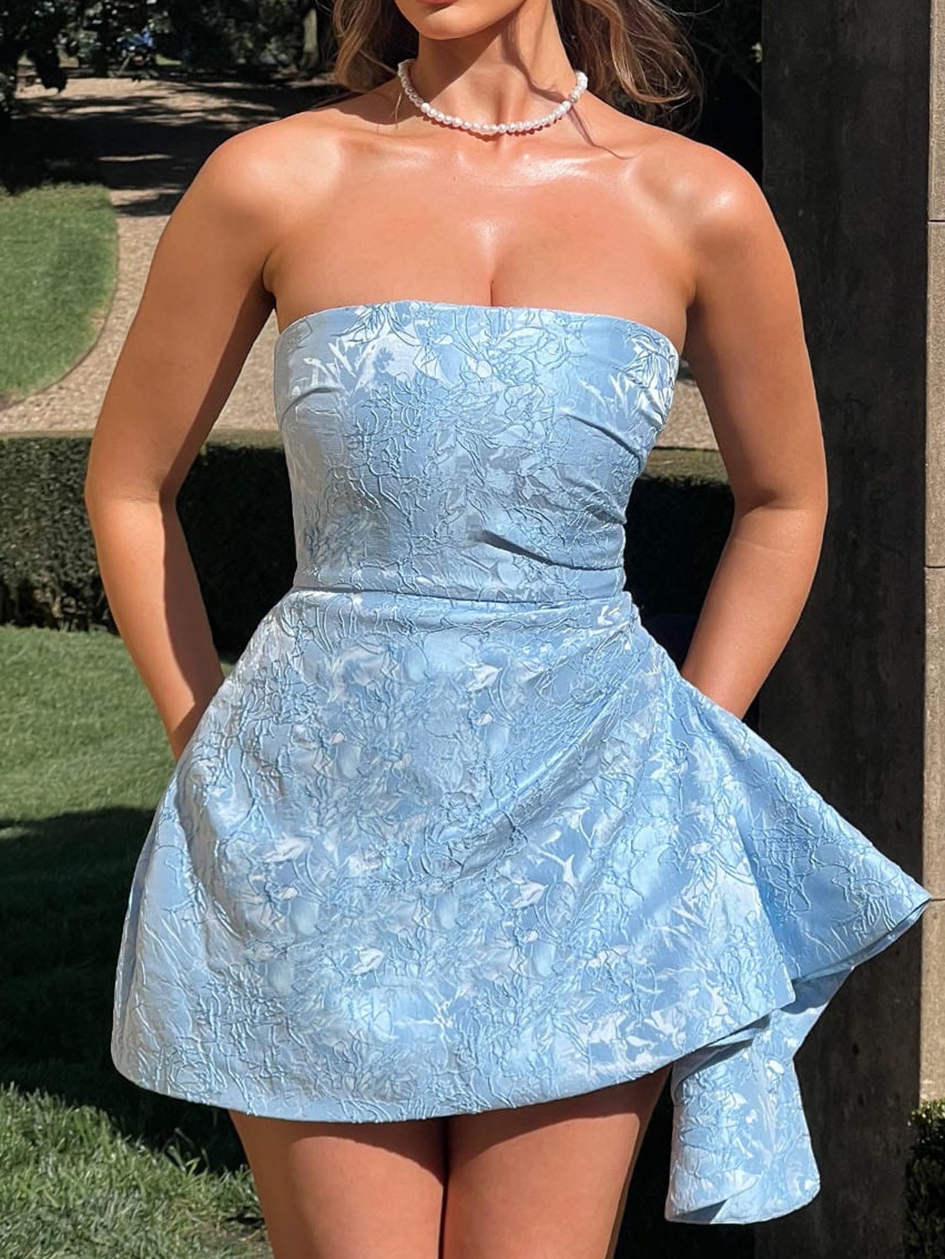 Strapless Sky Blue Printed Mini Wedding Guest Dress with Ruffle Side
