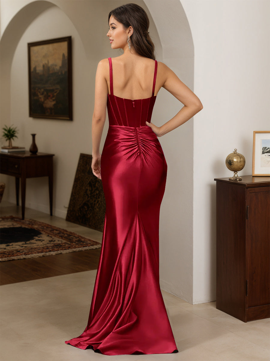 Cicinia Burgundy Prom Dresses Stretch Satin Trumpet Backless Sleeveless Straps Evening Gowns
