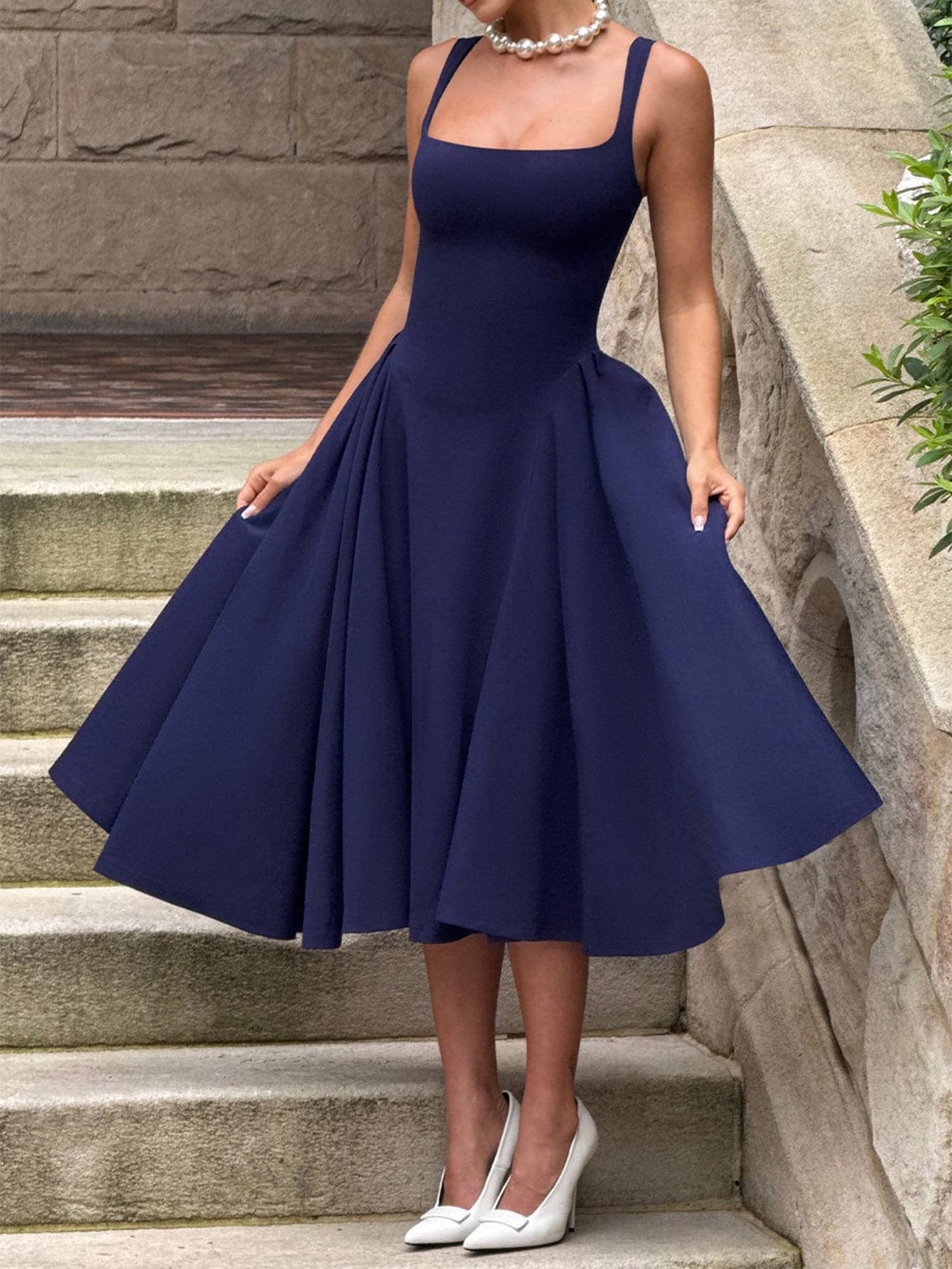 Ankle Length Navy Blue Dress Square Neckline Sleeveless Wedding Guest Dress