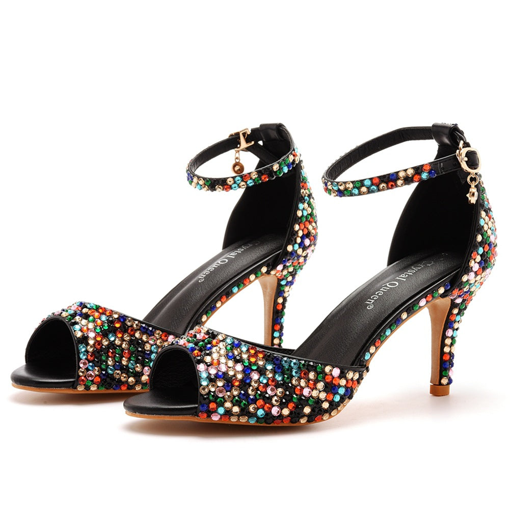 Rhinestone Shallow Peep Toe Ankle Strap High Heel Sandals