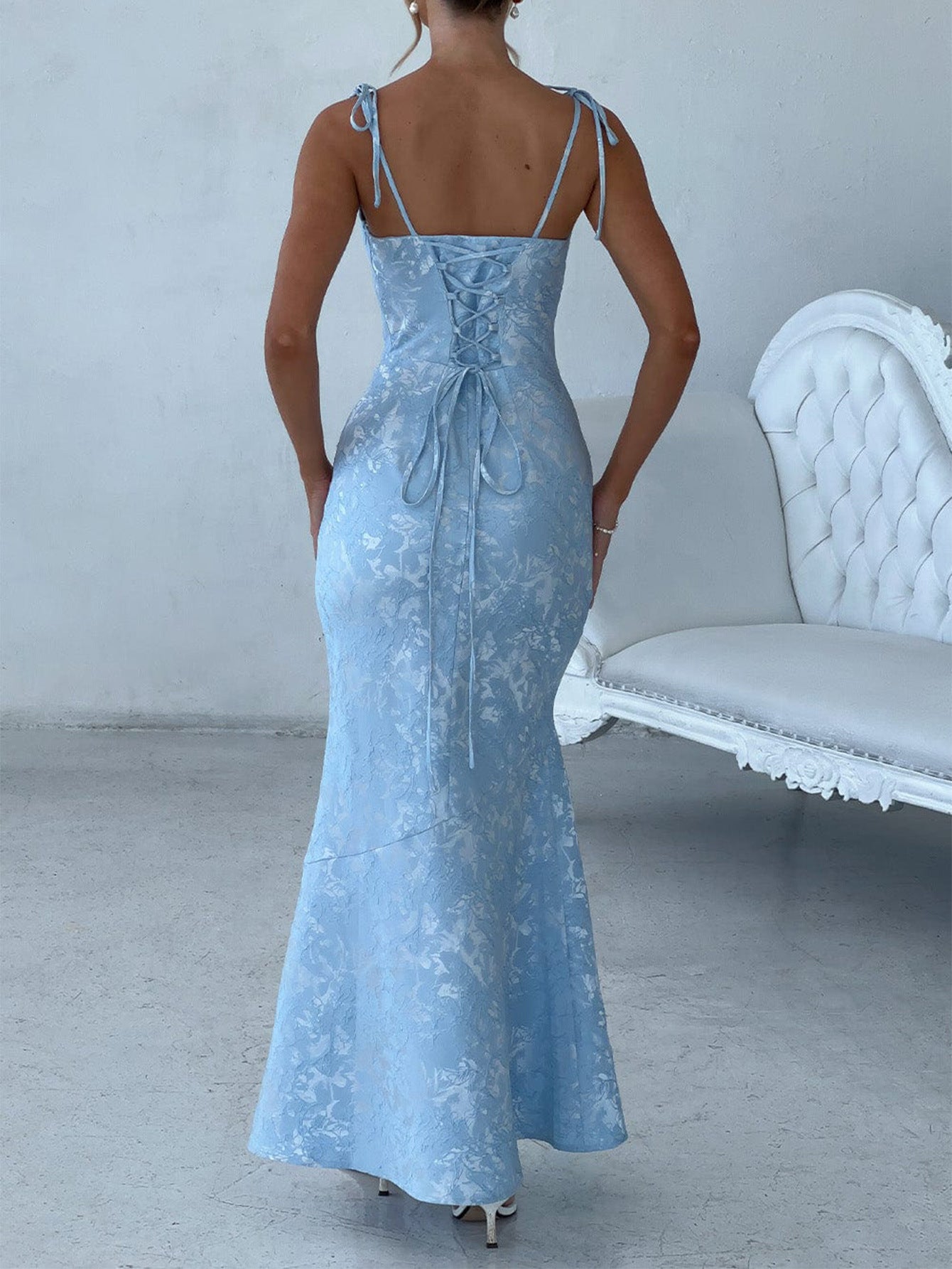 Square Neckline Spaghetti Straps Sky Blue Printed Sheath Wedding Guest Dress