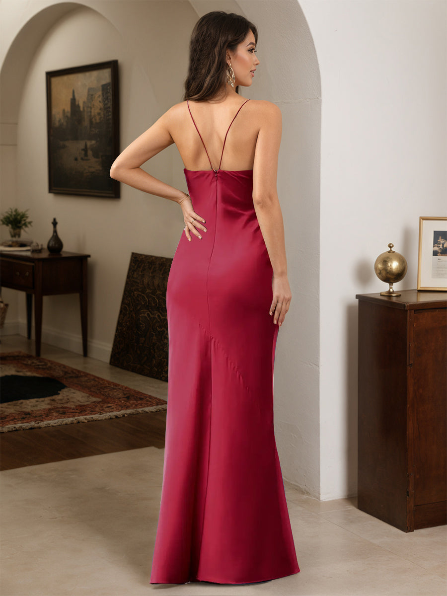 Cicinia Burgundy Prom Dresses Soft Satin Chic Sheath Slit Spaghetti Straps Floor Length Evening Prom