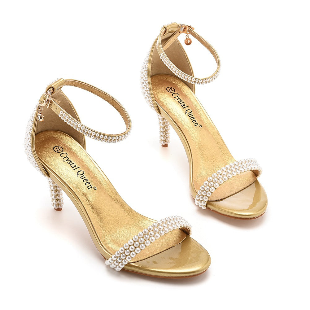 Open Toe Pearl Ankle Strap Wedding High Heel