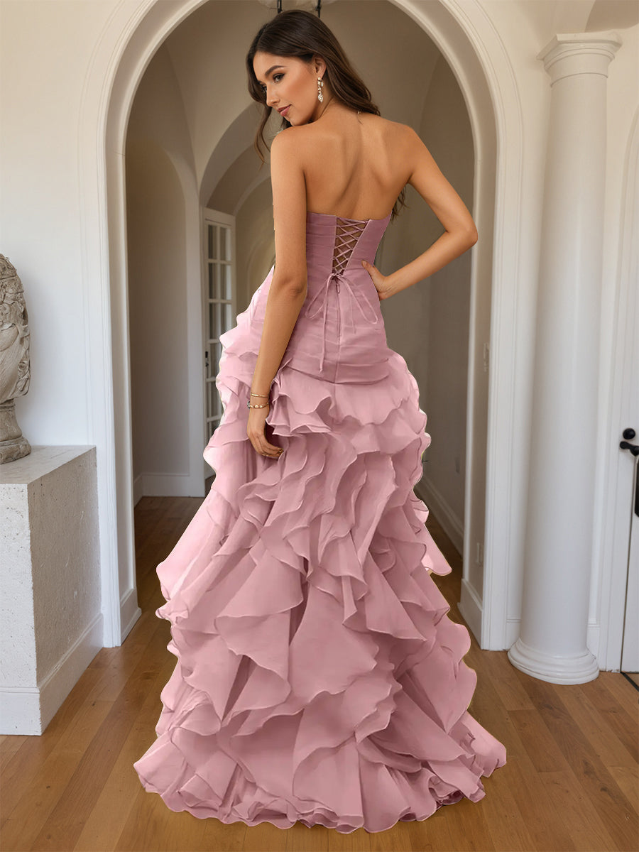 Cicinia Vintage Mauve Prom Dresses Sheath Slit Strapless Sleeveless Layers Ruffles Side Gowns