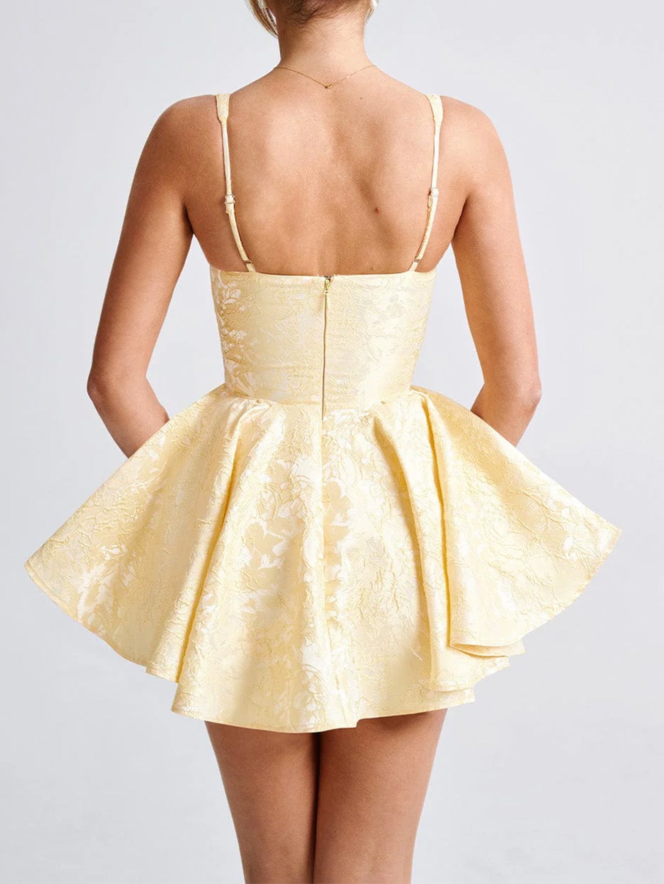 Daffodil Floral Straps Mini Dress Square Neckline Sleeveless Wedding Guest Dress with Bowknot