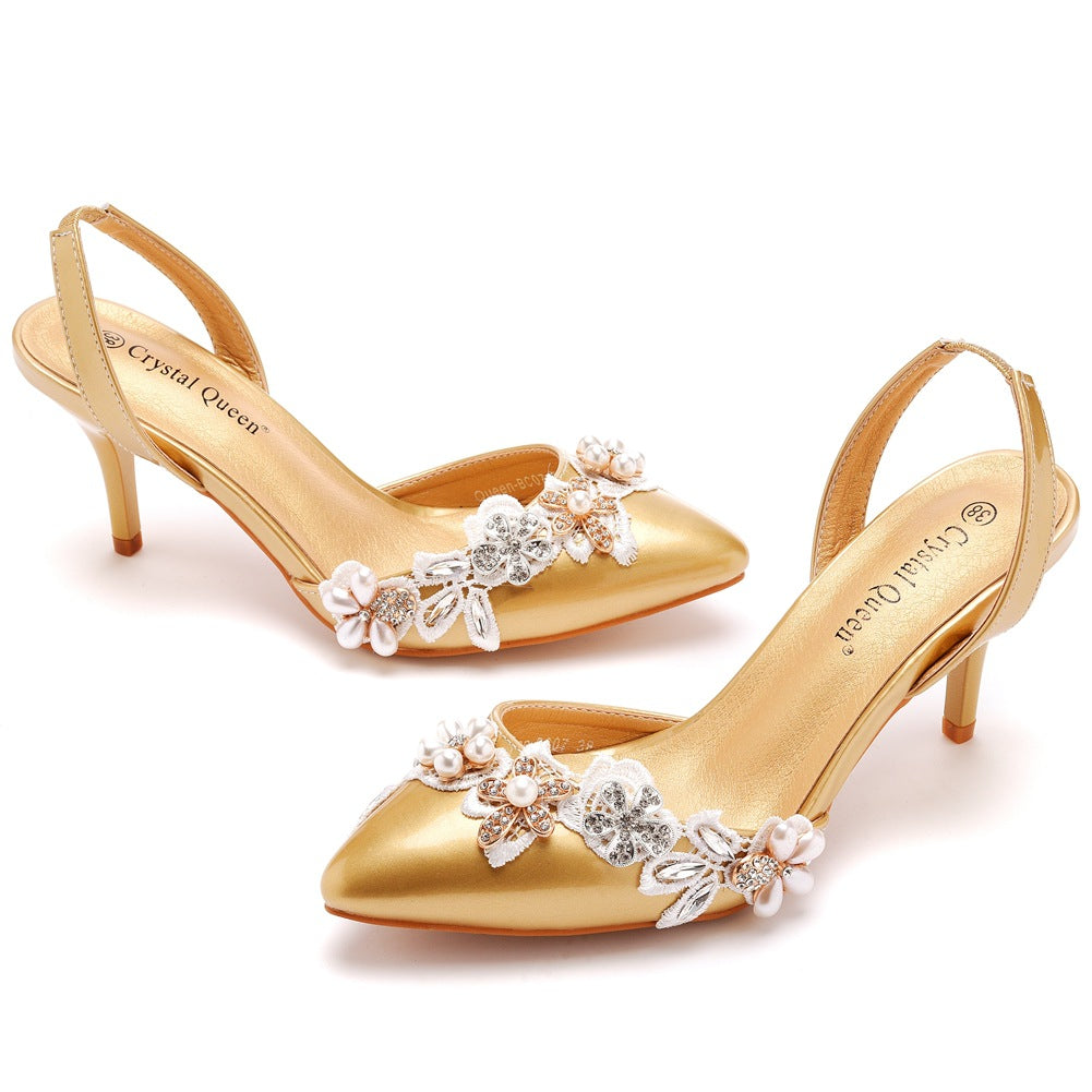 Pointed Toe Pearl Lace Appliques Decor Slingback High Heels