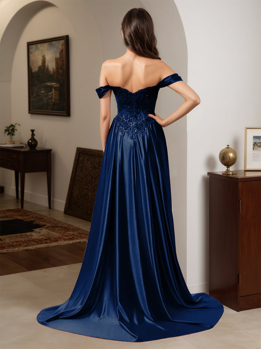 Cicinia Dark Navy Prom Dresses Appliques Lace Off The Shoulder Sheath Dress wiith Sweep Train