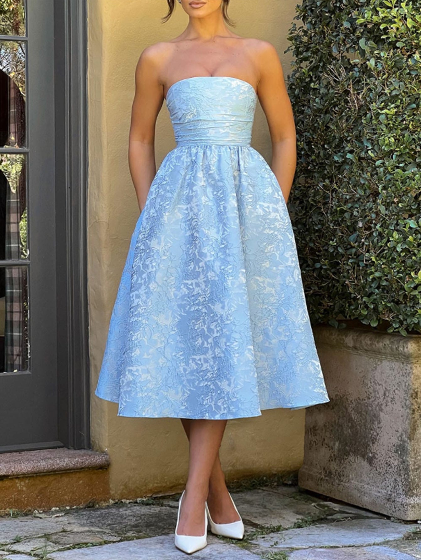 Empire Waist Strapless Printed Floral Sky Blue Wedding Guest Dress