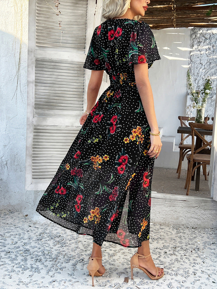 Black Sexy Deep V Chiffon Printed Floral Short Sleeves Wedding Guest Dress