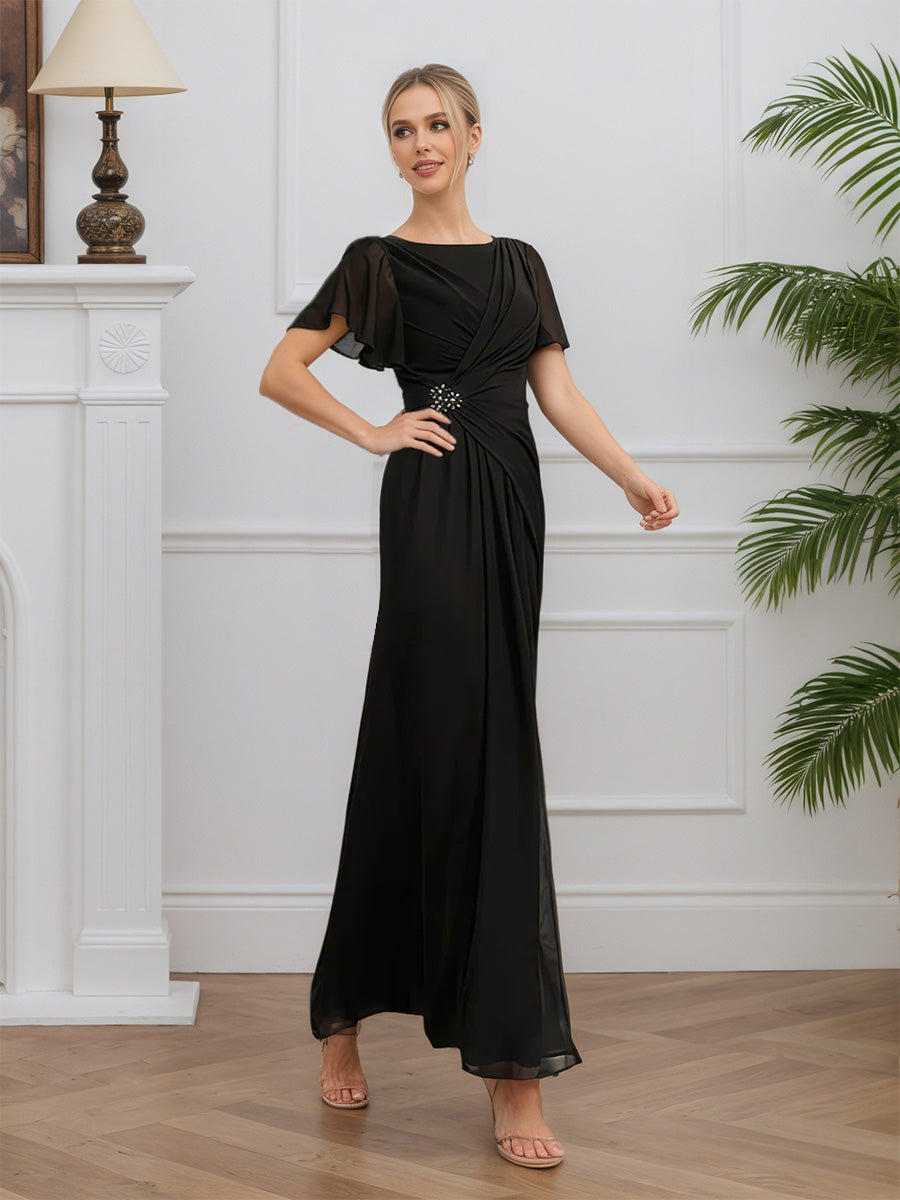 Cicinia Black Mother Of The Bride Dresses Chiffon Jewel Sheath Short Sleeves Floor Length