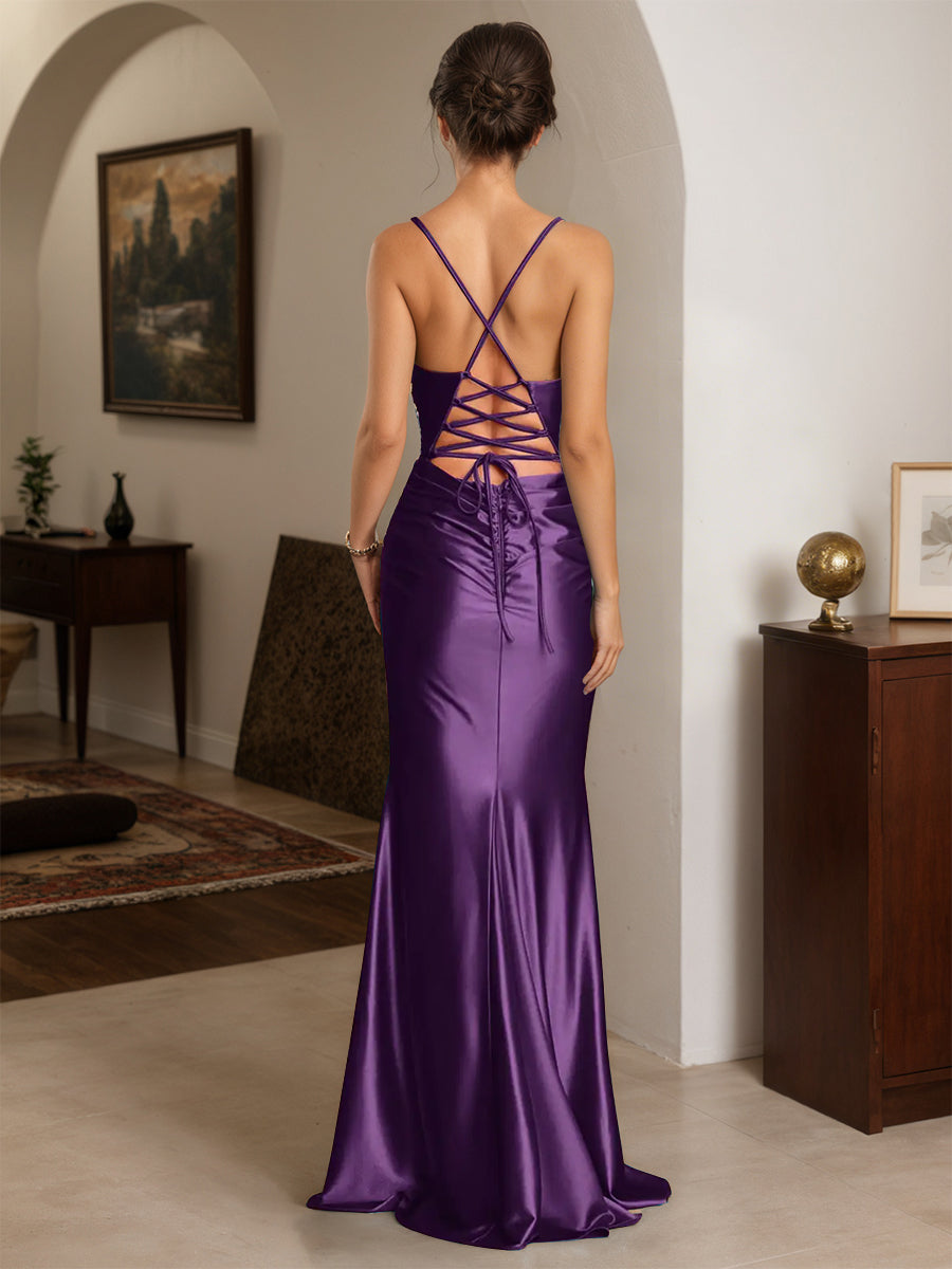 Cicinia Grape Prom Dresses Stretch Satin Sheath Spaghetti Straps Chic Long Evening Gown