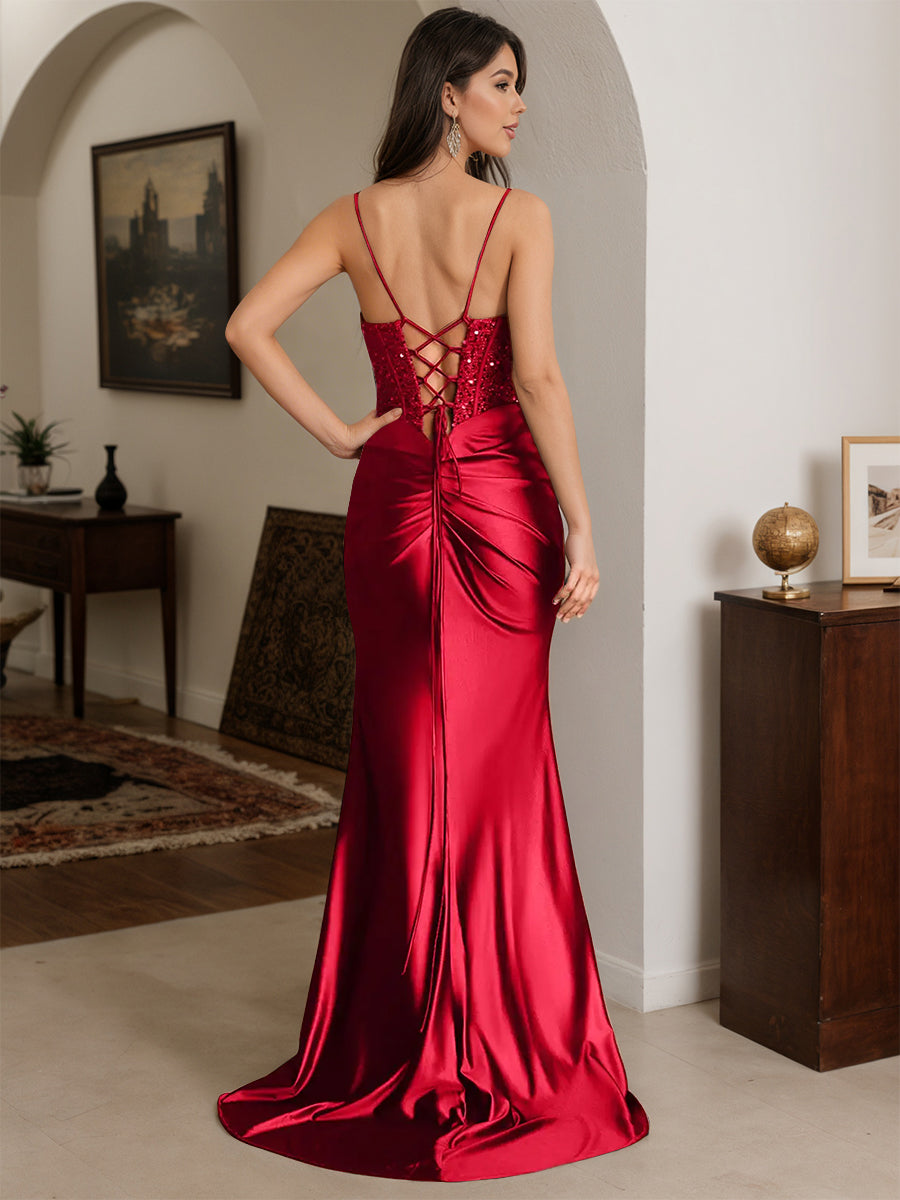Cicinia Red Prom Dresses Stretch Satin Spaghetti Straps Trumpet Square Neckline Sweep Train Gowns