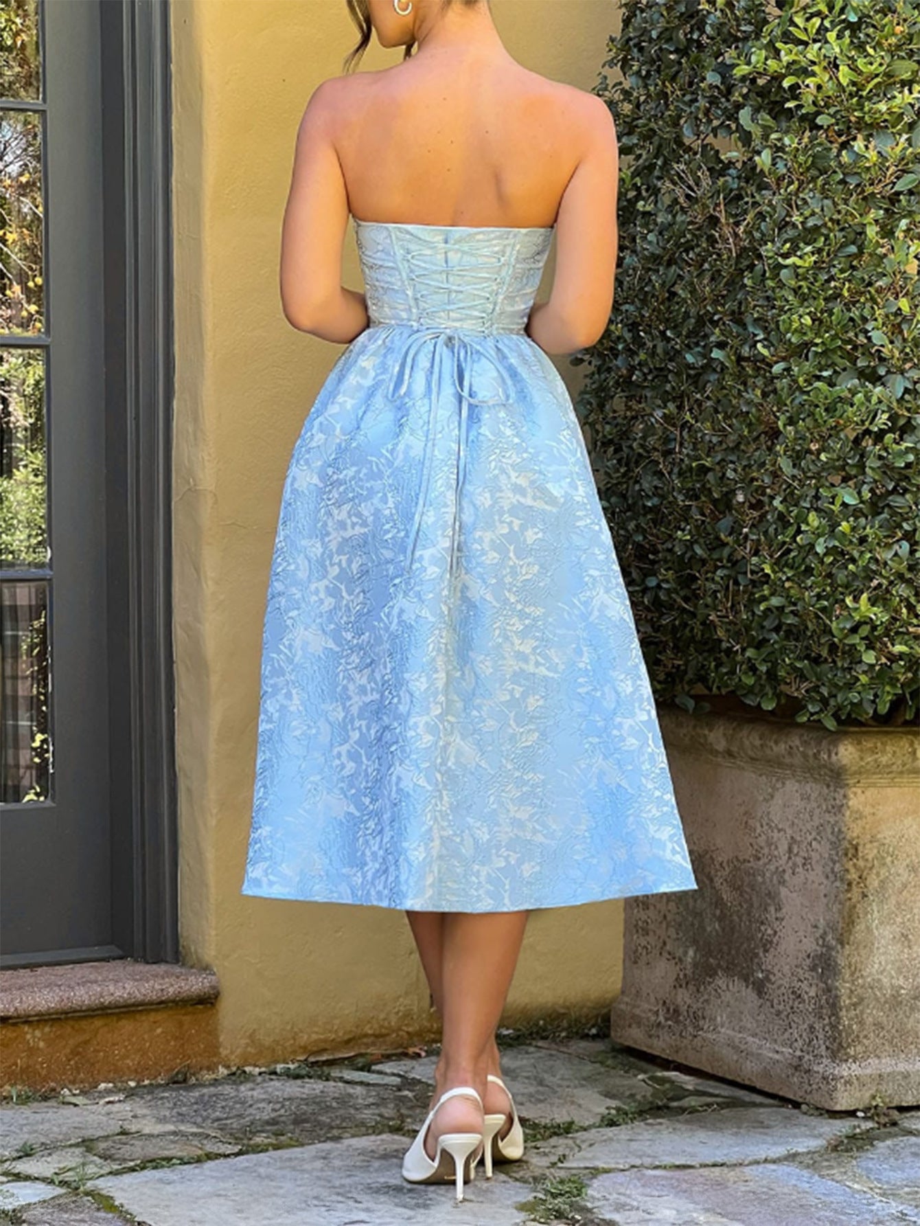 Empire Waist Strapless Printed Floral Sky Blue Wedding Guest Dress