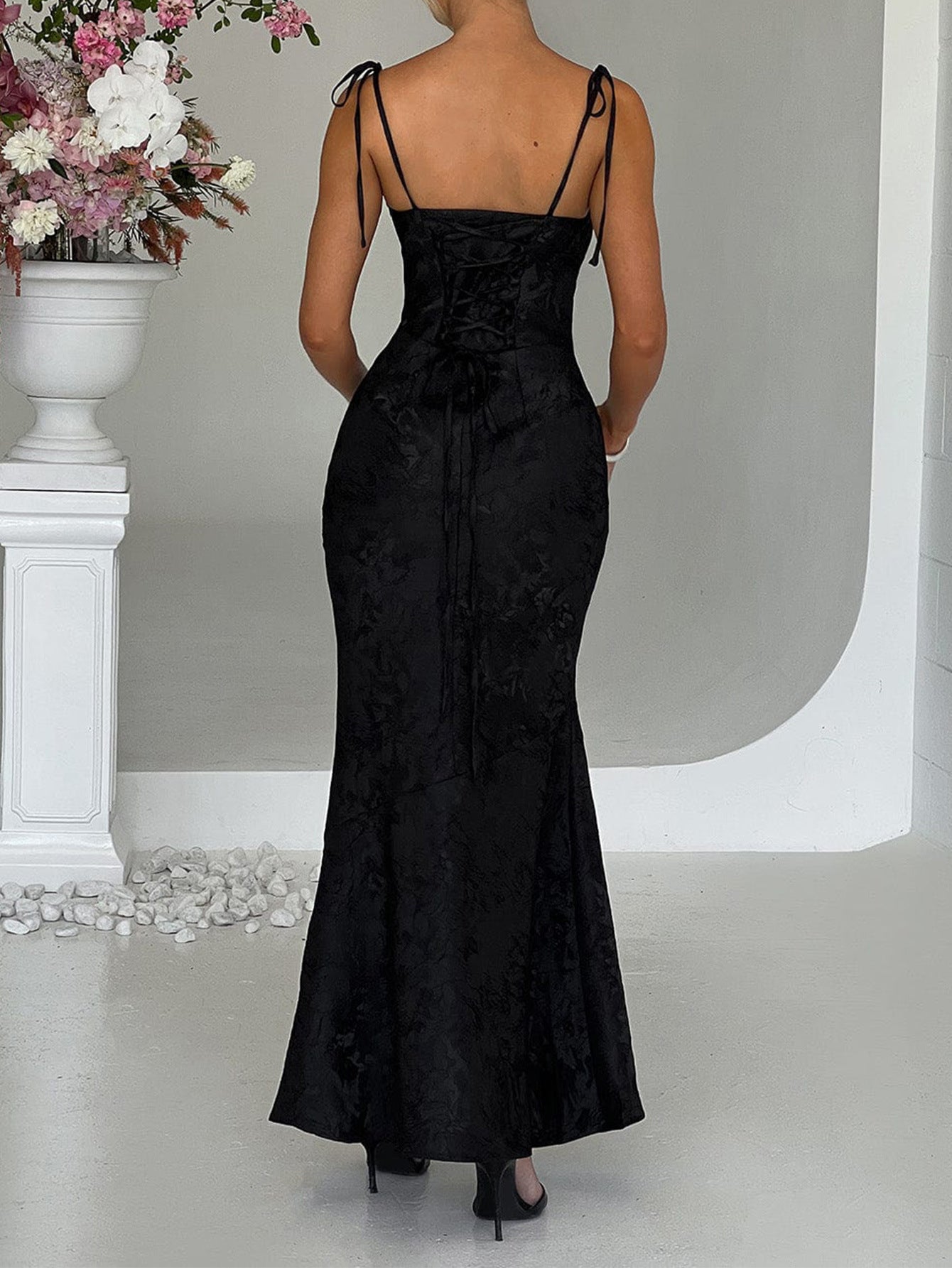Square Neckline Spaghetti Straps Black Printed Sheath Wedding Guest Dress