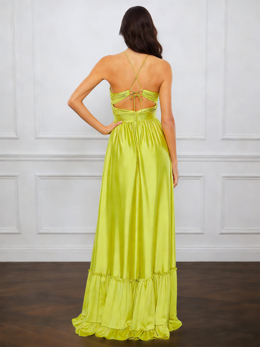 Cicinia Lime Green Prom Dress with Spaghetti Straps Ruched Soft Satin A-Line Formal Evening Gowns