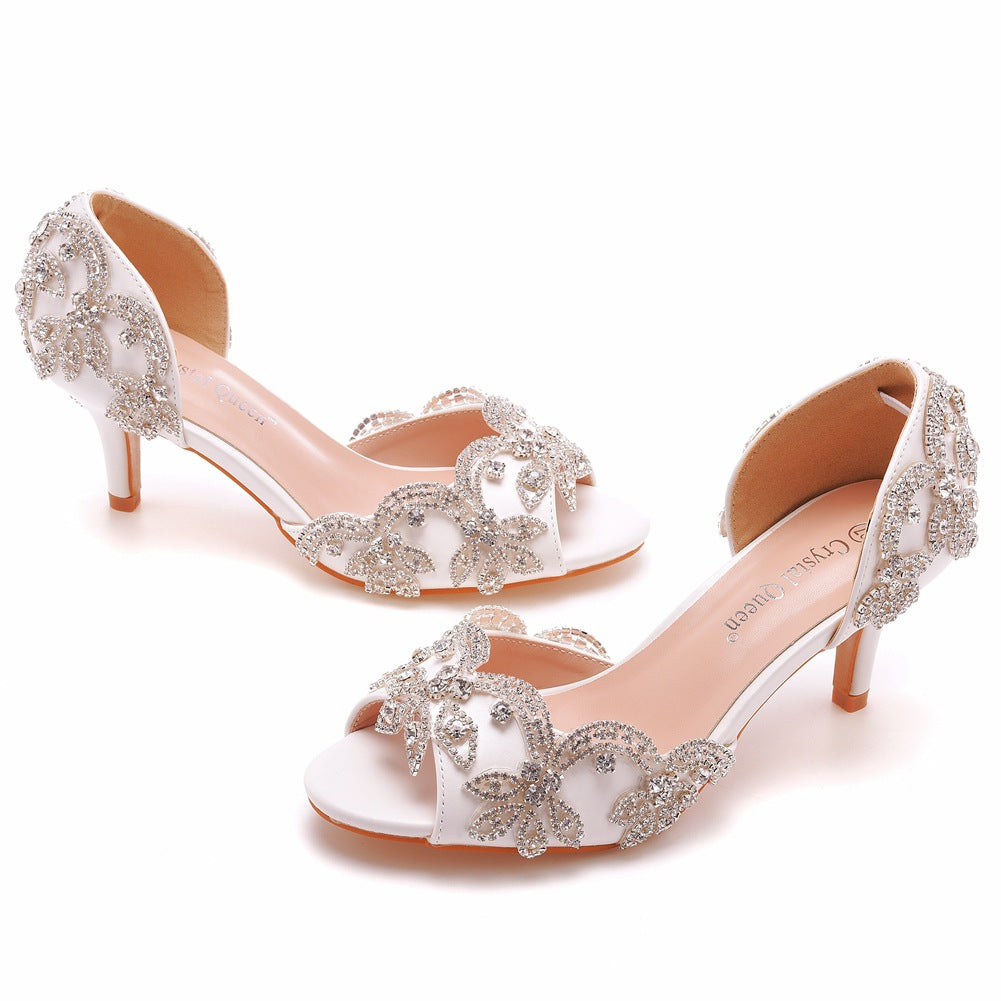 Peep Toe Satin Rhinestone Slip On High Heel