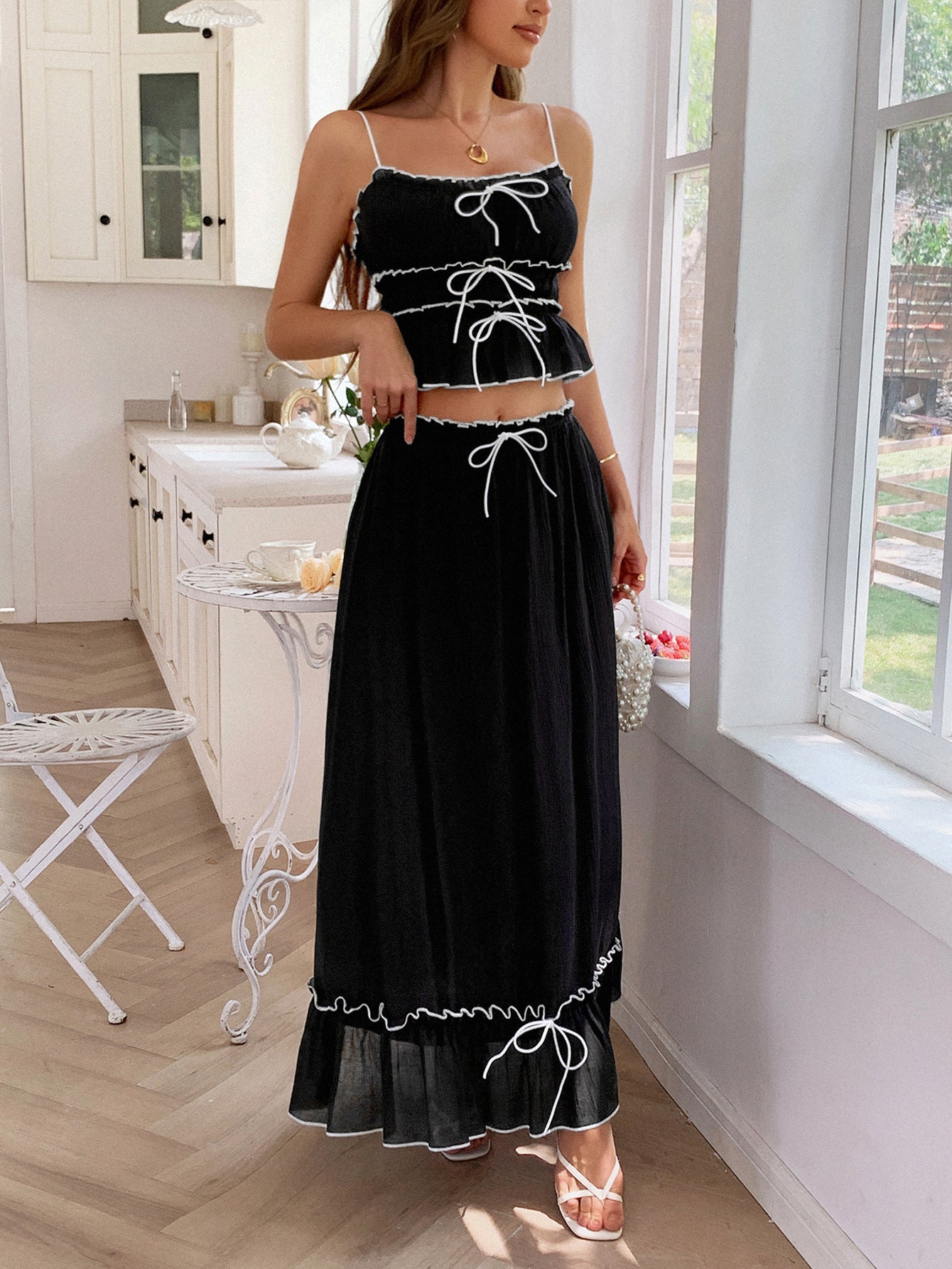 2 Pieces Spaghetti Straps Ruffle Bodice Black Wedding Guest Dress