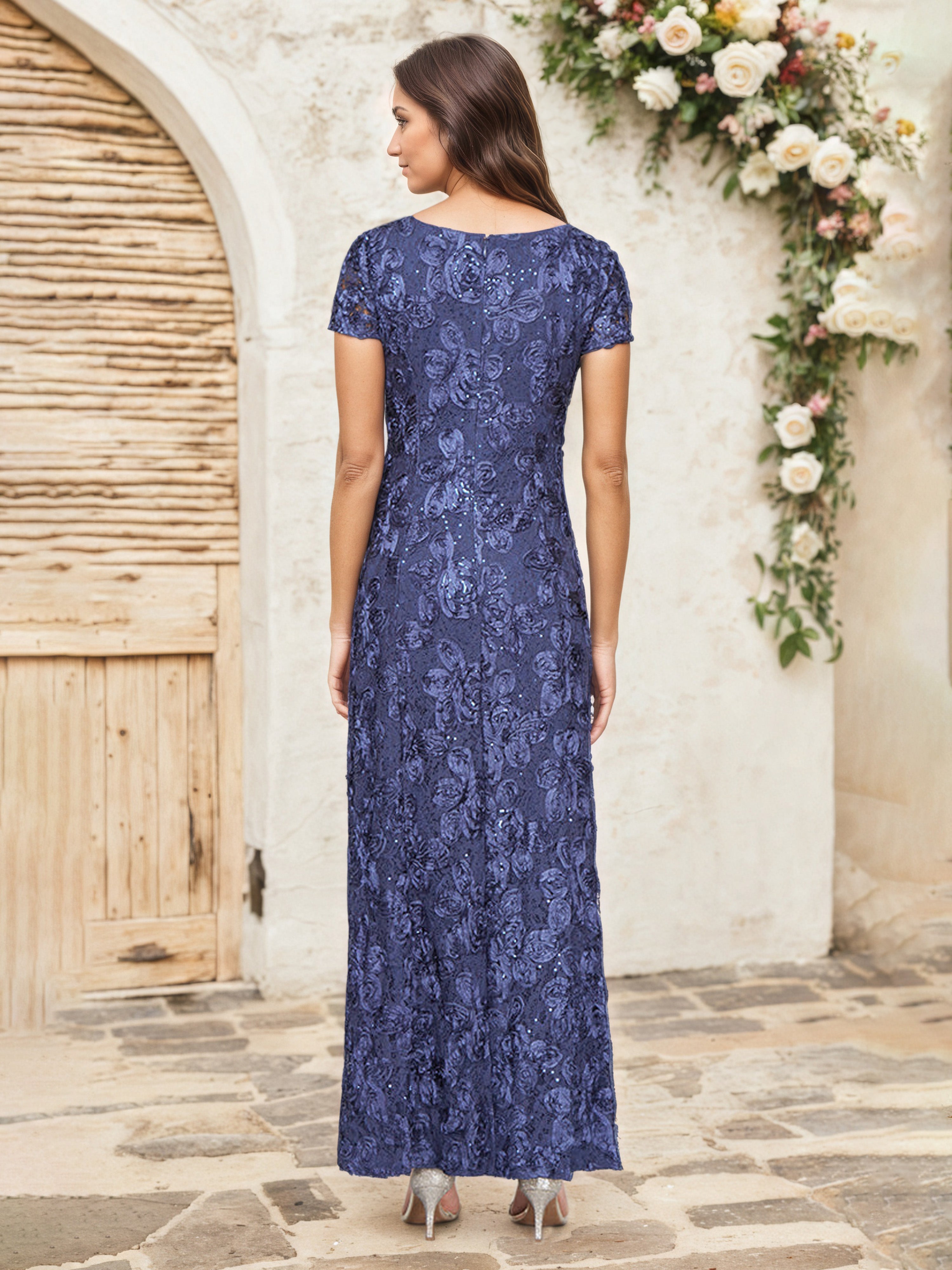 Sheath/Column Short Sleeves Round Neck Floral Sequins Stormy Mother Of The Bride Dress