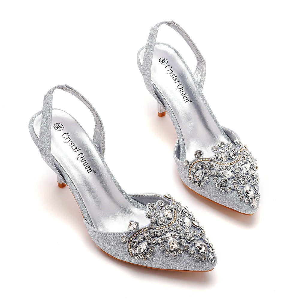 Pointed Toe Classic Rhinestone Flower Slingback High Heels