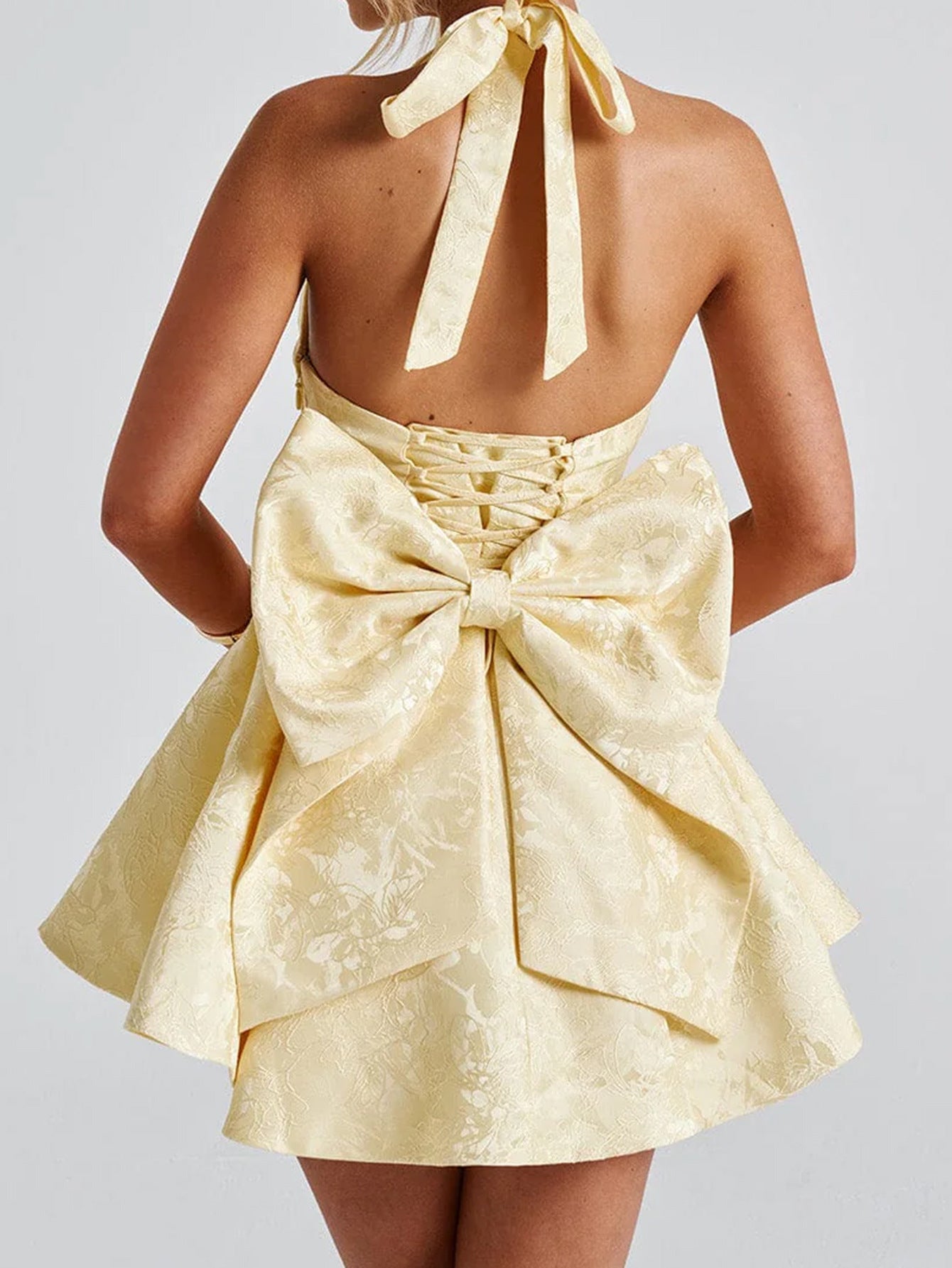 Halter Sleeveless U-Neck Daffodil Printed Mini Wedding Guest Dress with Bowknot